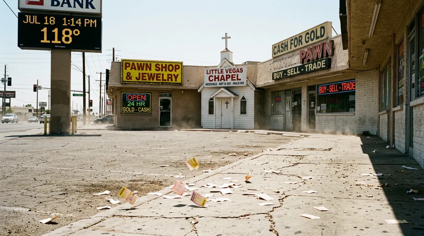 A street scene with pawn shops and a chapel under clear skies.