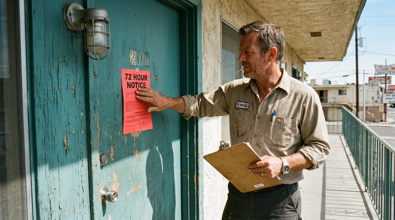 A man in a uniform is posting a notice on the door of an old building.