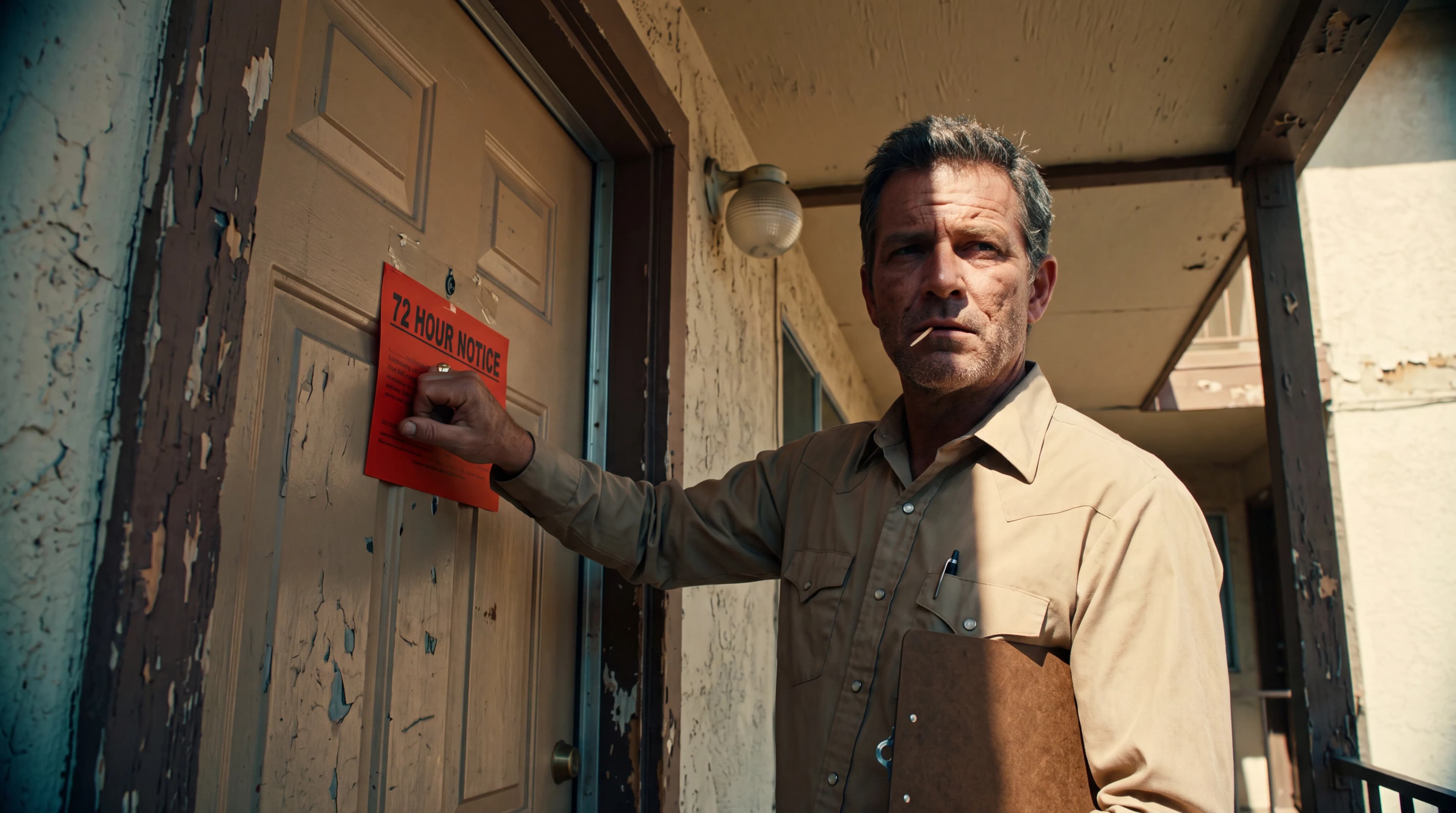 A man stands on a porch, attaching a notice to a door.