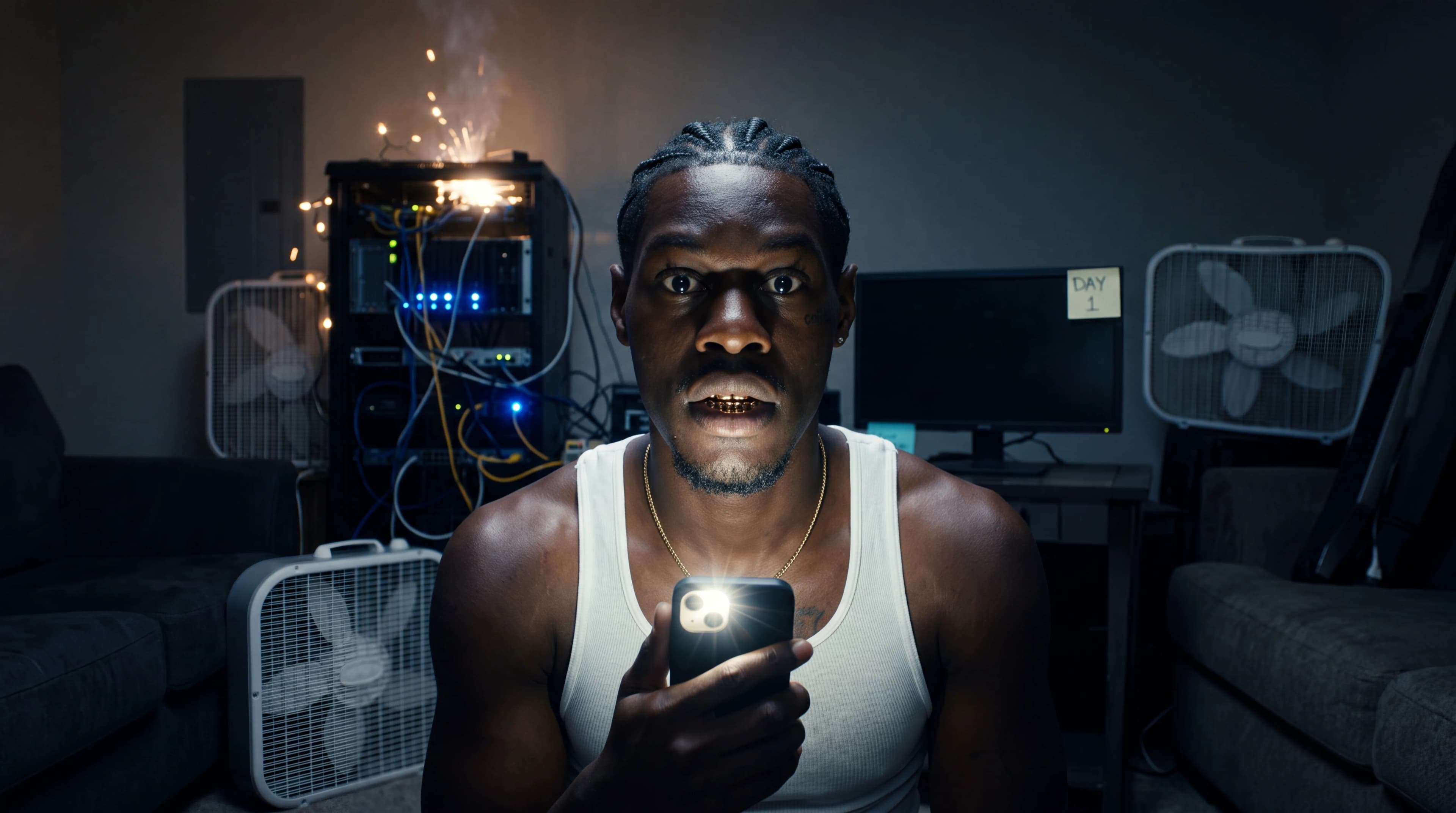 A man in a white tank top is seated in a dimly lit room with fans and computer equipment, holding up his phone.
