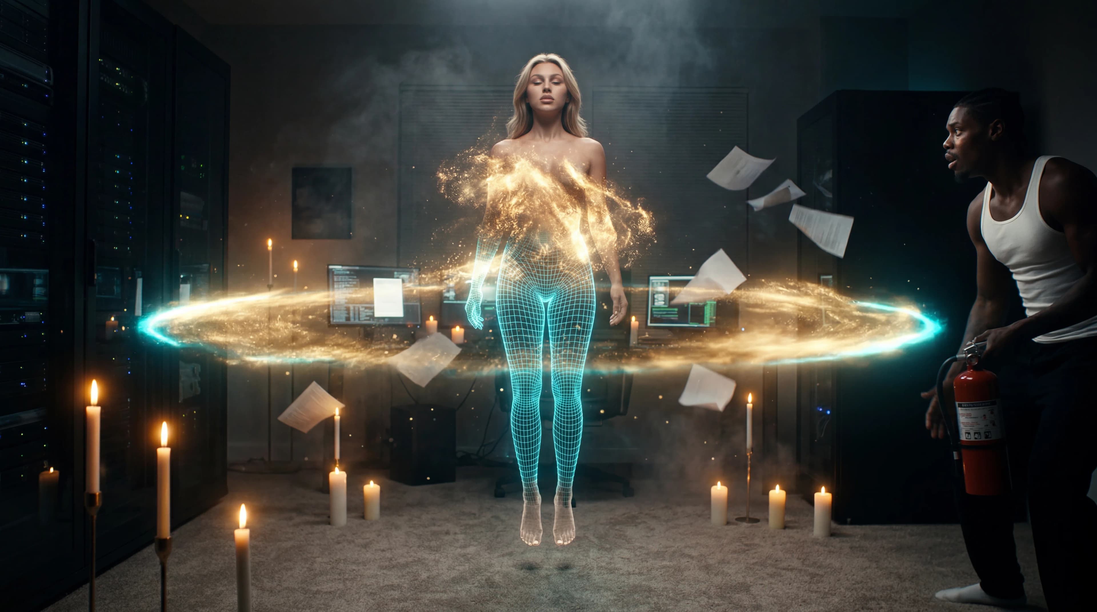 A woman with a glowing, digital overlay stands in an office-like setting surrounded by candles and papers.