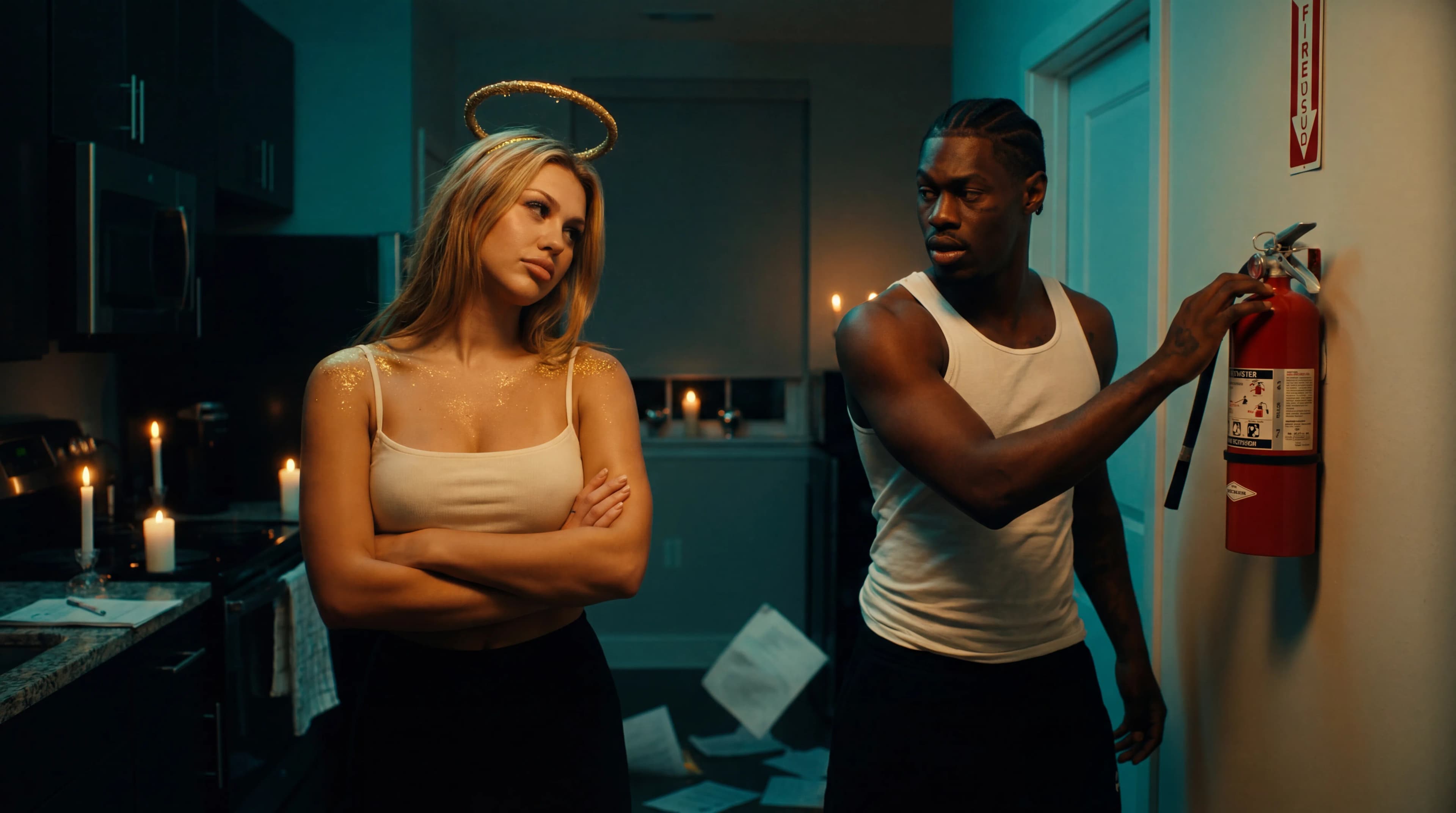 A woman in a swimsuit stands confidently with arms crossed, while a man adjusts a fire extinguisher in the background.