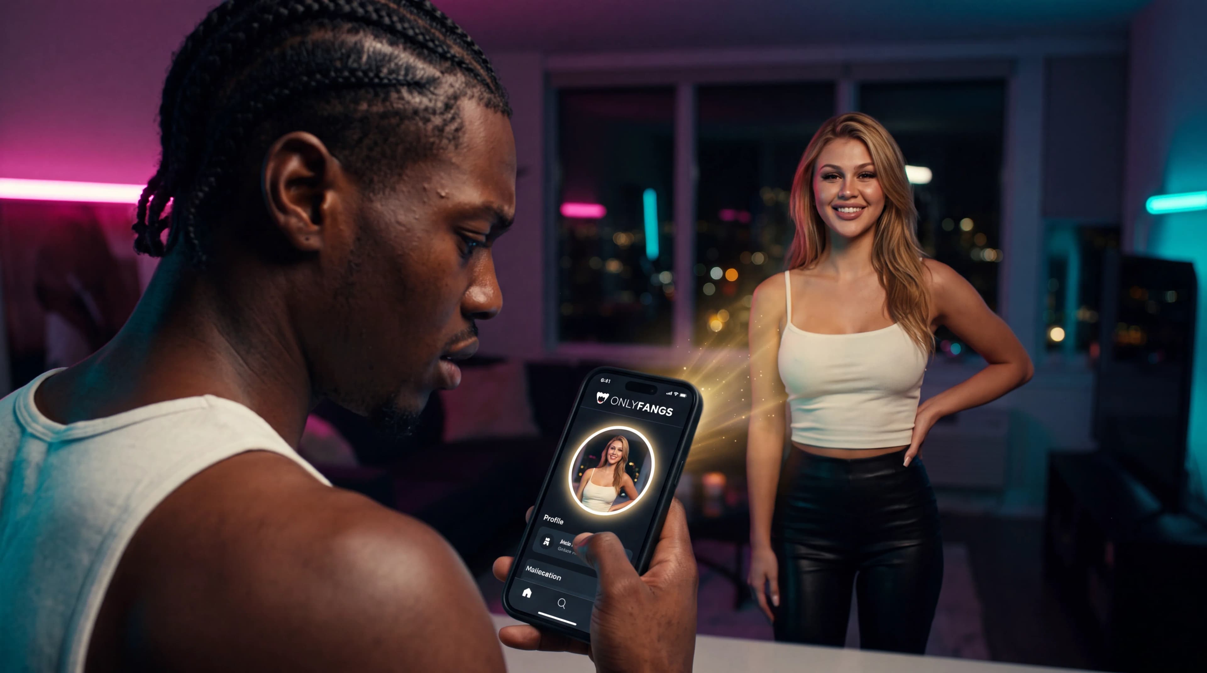 A woman in casual attire stands confidently while a man on his phone looks at her profile.