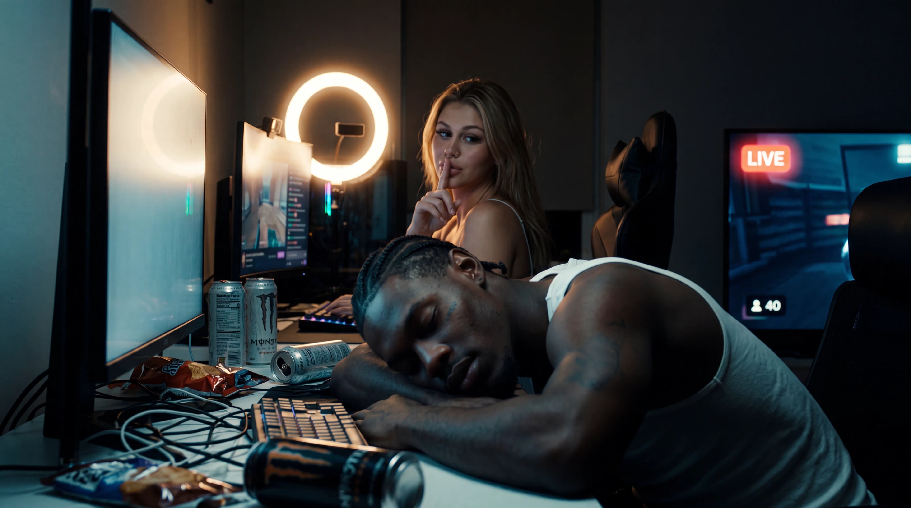 A woman in a bedroom setting with a man sleeping at the desk, surrounded by gaming equipment and snacks.