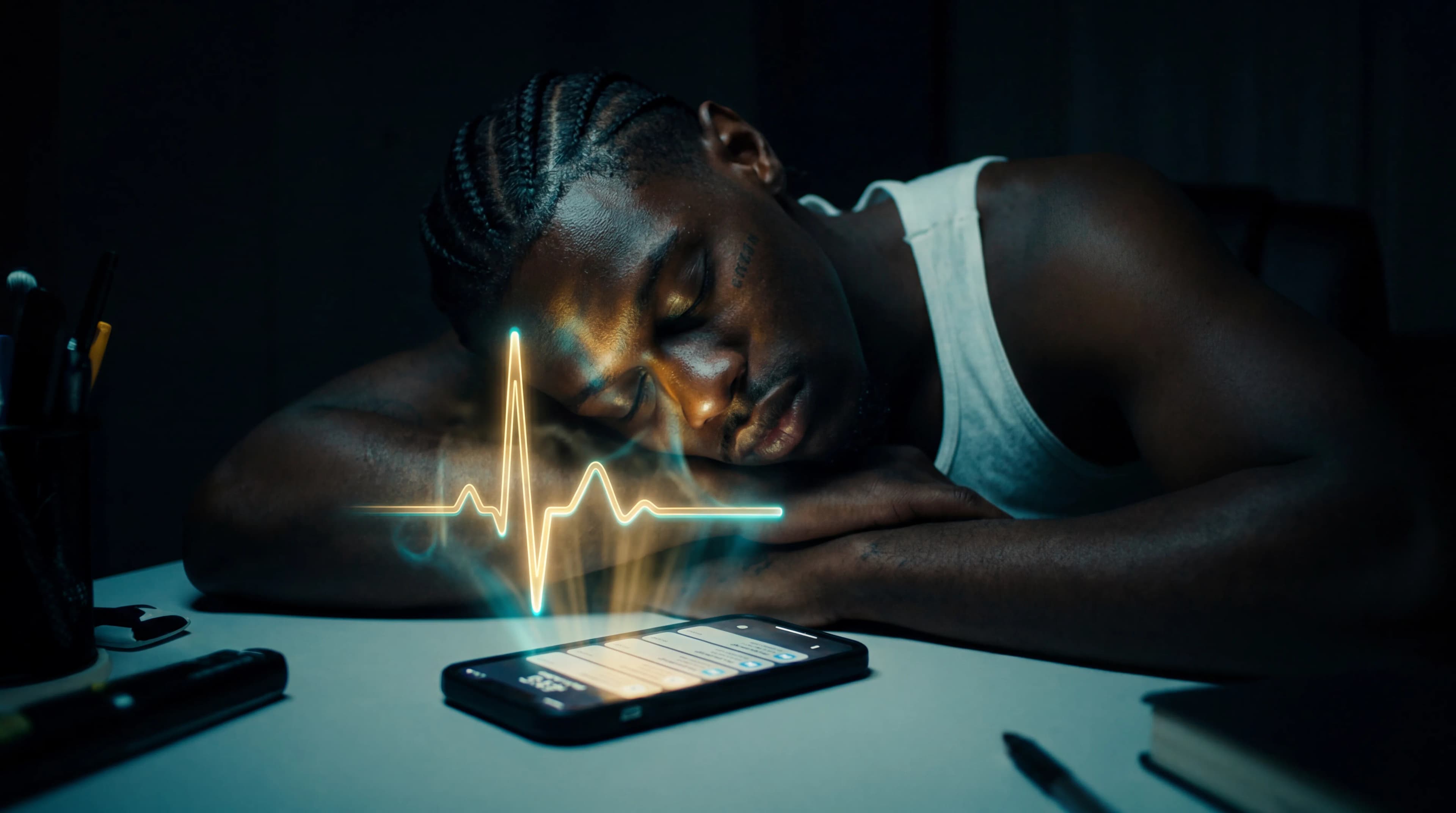 A person with braided hair is lying face down on a desk, appearing to be asleep next to an illuminated smartphone displaying a heartbeat graphic.