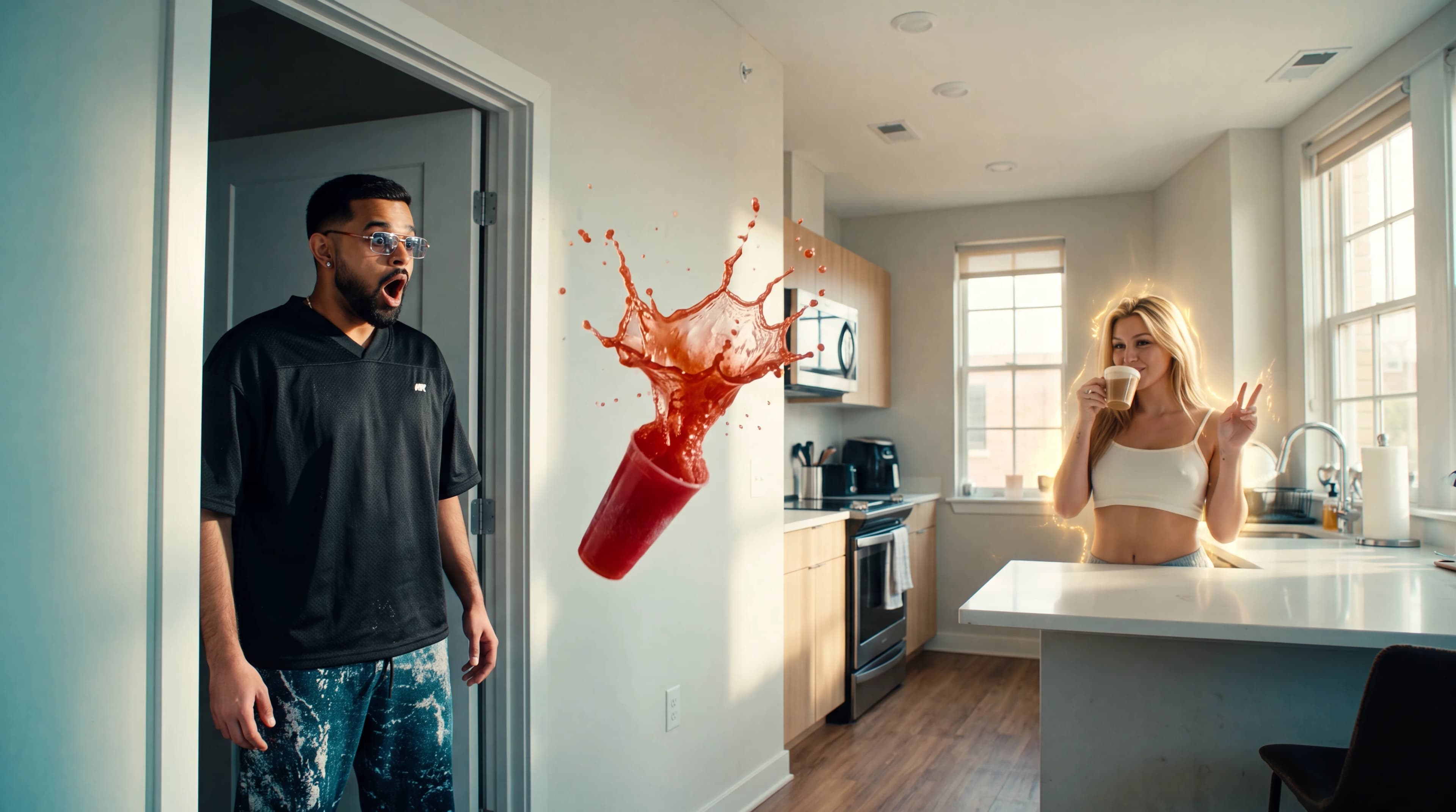 A woman in a kitchen holds a drink while a man reacts to a spilled cup of red liquid.