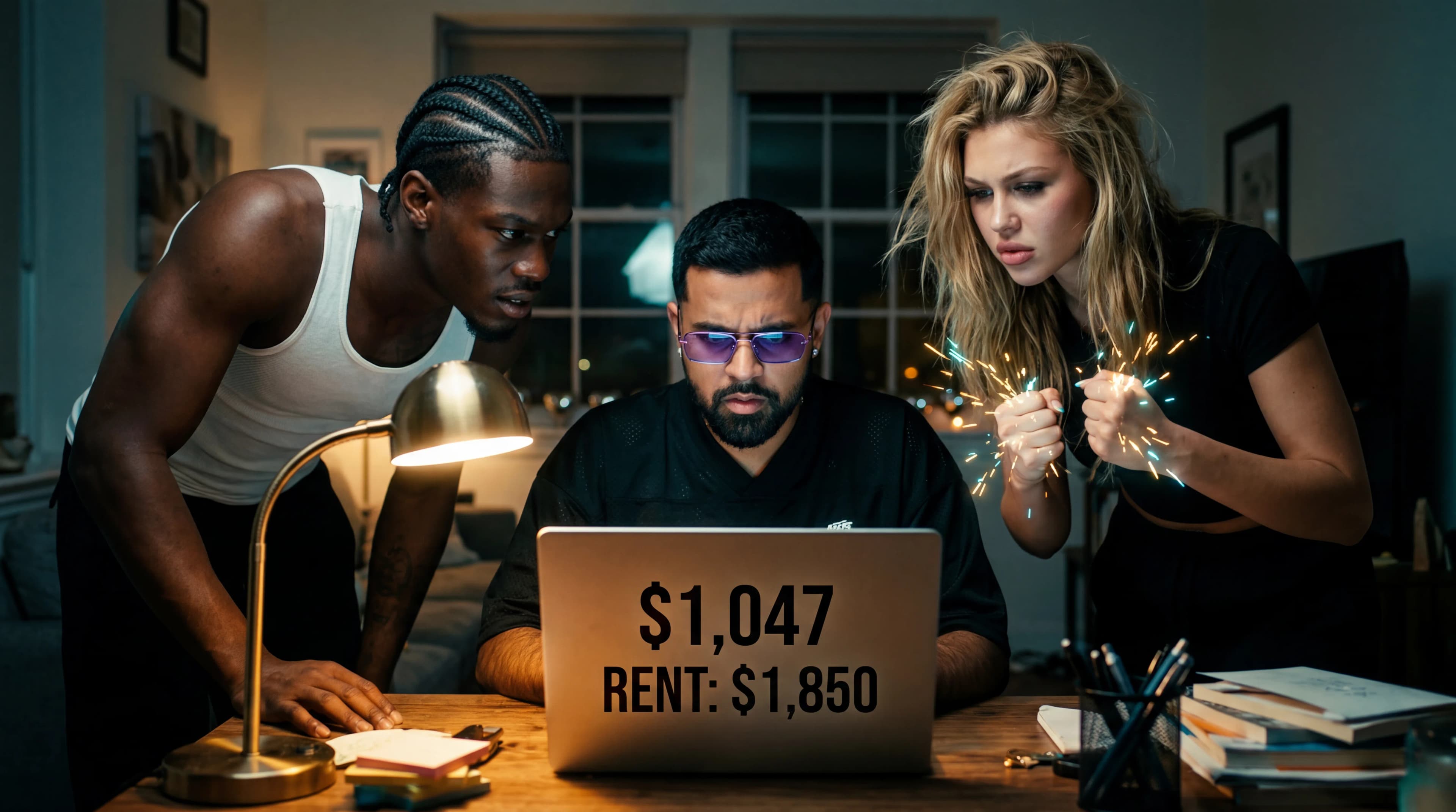 Three individuals are gathered around a laptop discussing financial matters in a bedroom setting.