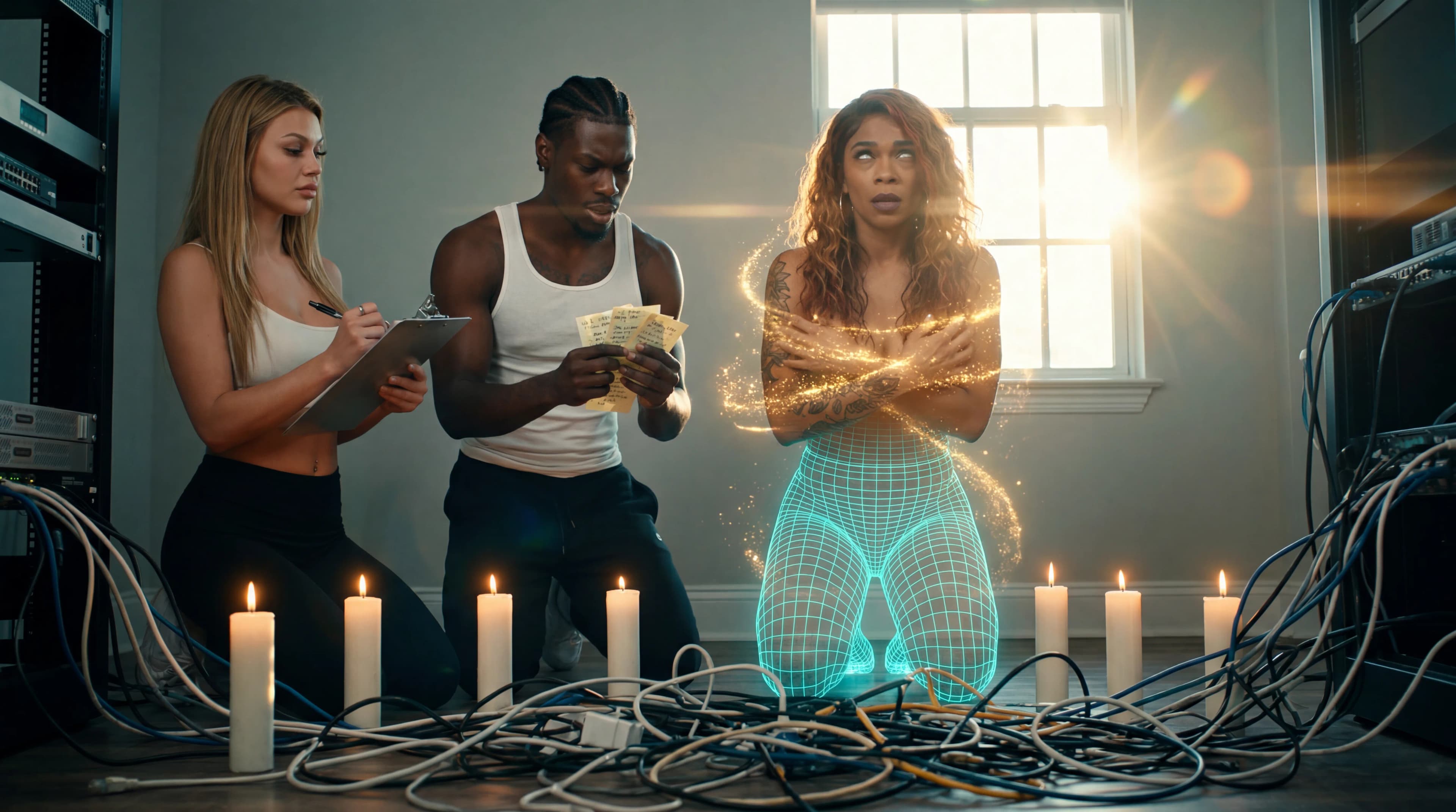 A woman in an athletic outfit kneels amidst candles and tangled wires, with a playful yet sultry expression.