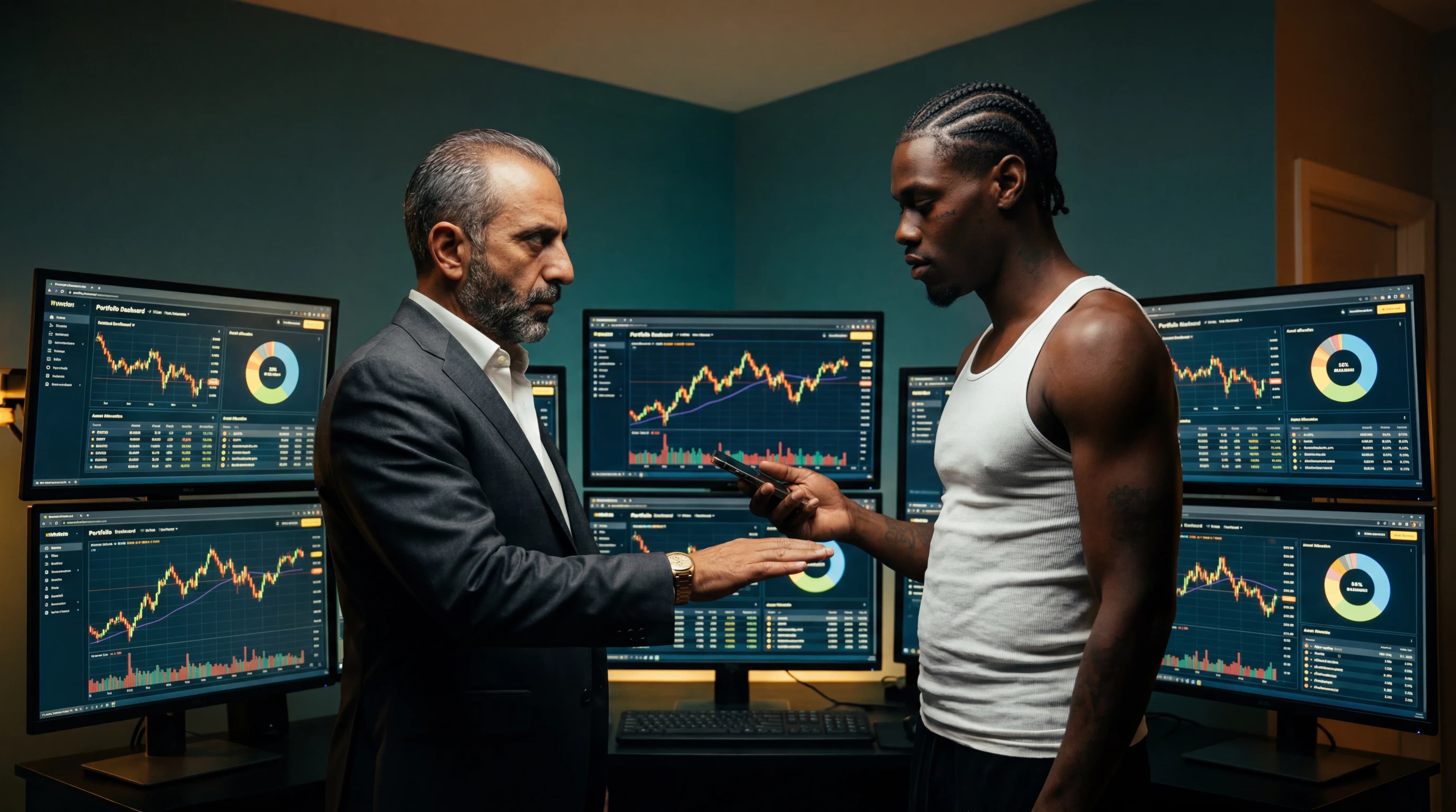 Two individuals are engaged in a discussion surrounded by financial market data on multiple monitors.