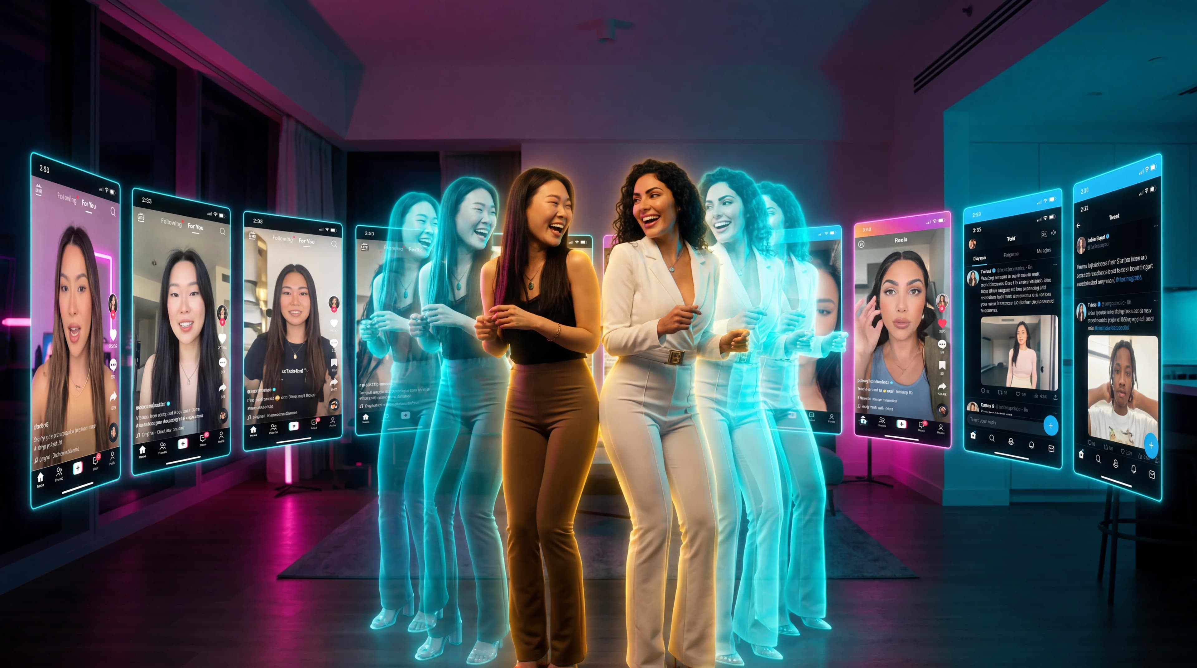 Two women are laughing and interacting in a studio setting with digital screens displaying their profiles around them.