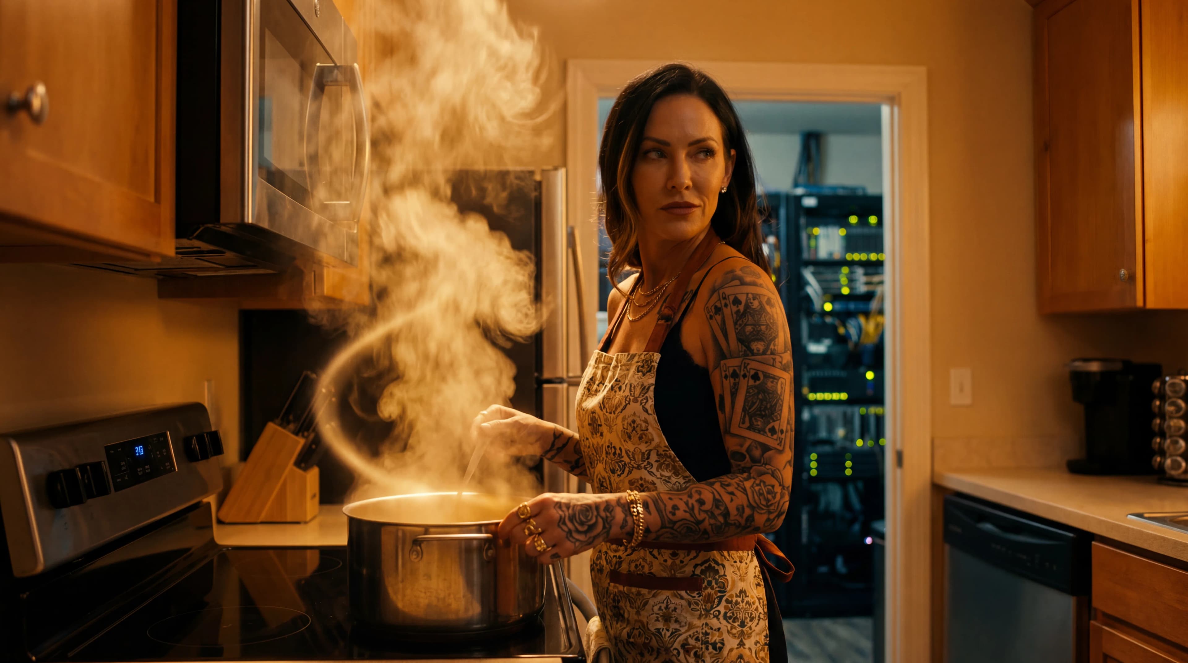 A woman with tattoos is cooking in a kitchen, wearing casual attire and displaying a playful mood.