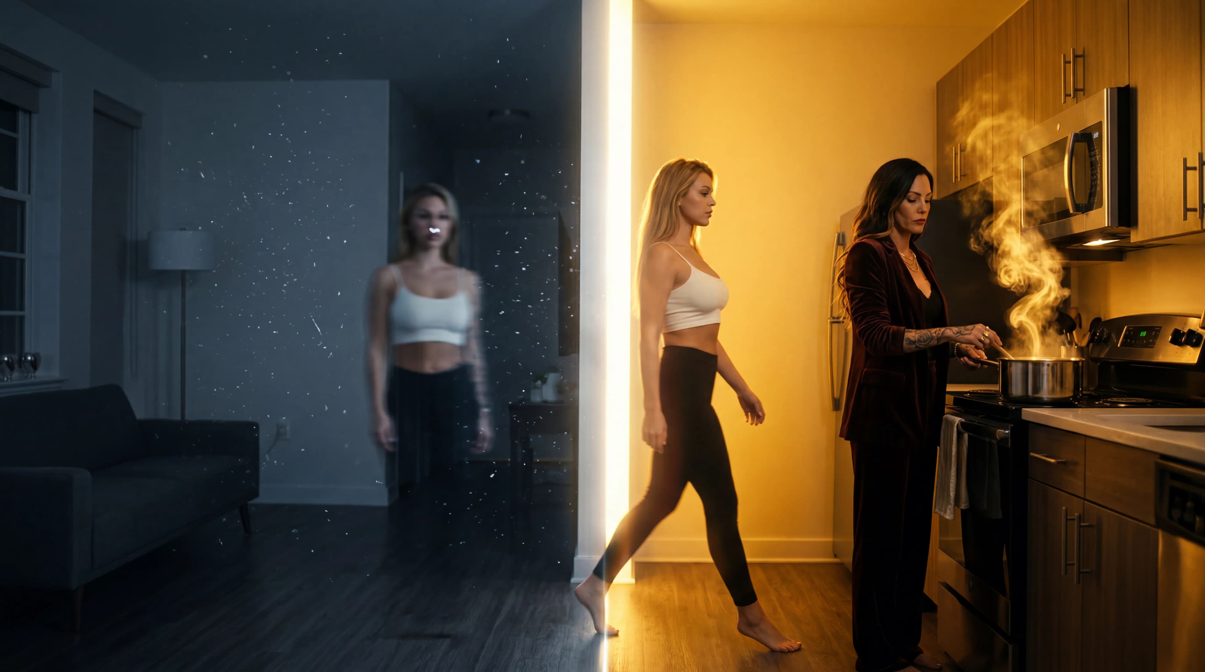 A woman in a kitchen is cooking while another walks through the room.
