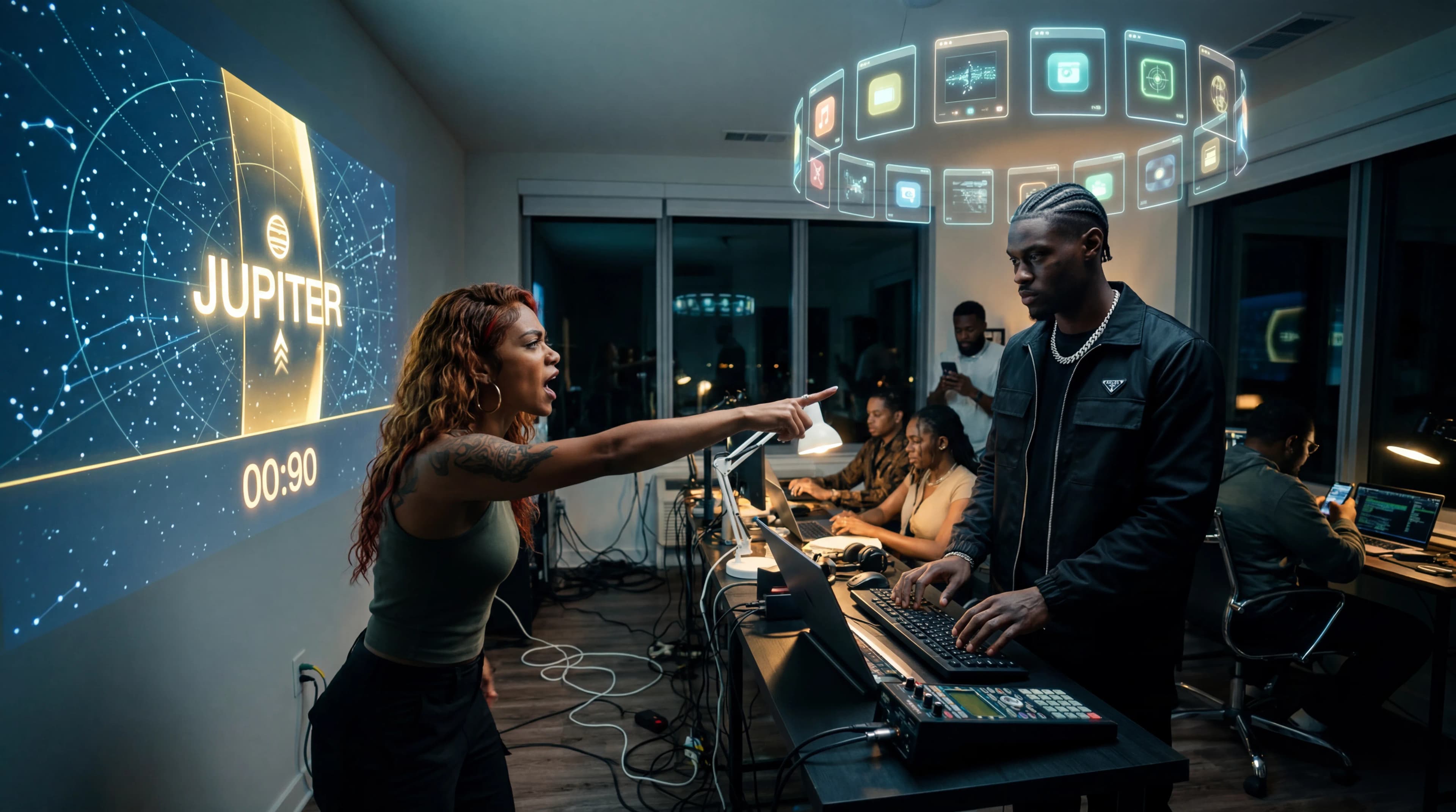 A group of people are working in a modern studio with futuristic holographic displays and technology.