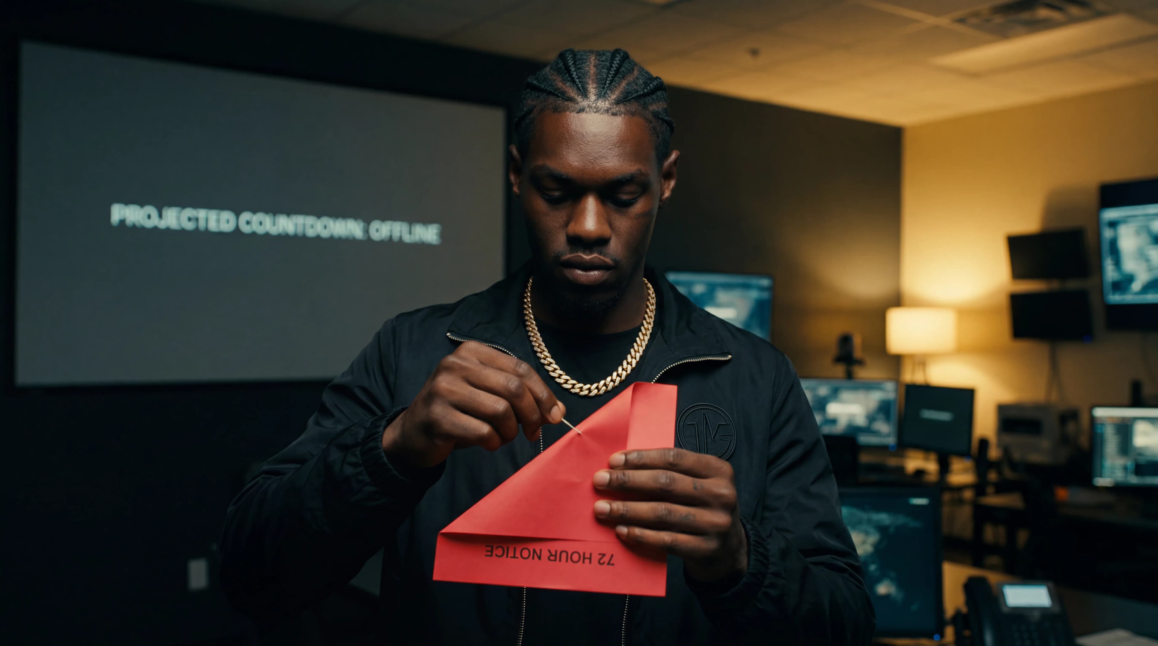 A person in a casual outfit holds an envelope with text while standing in a studio setting.