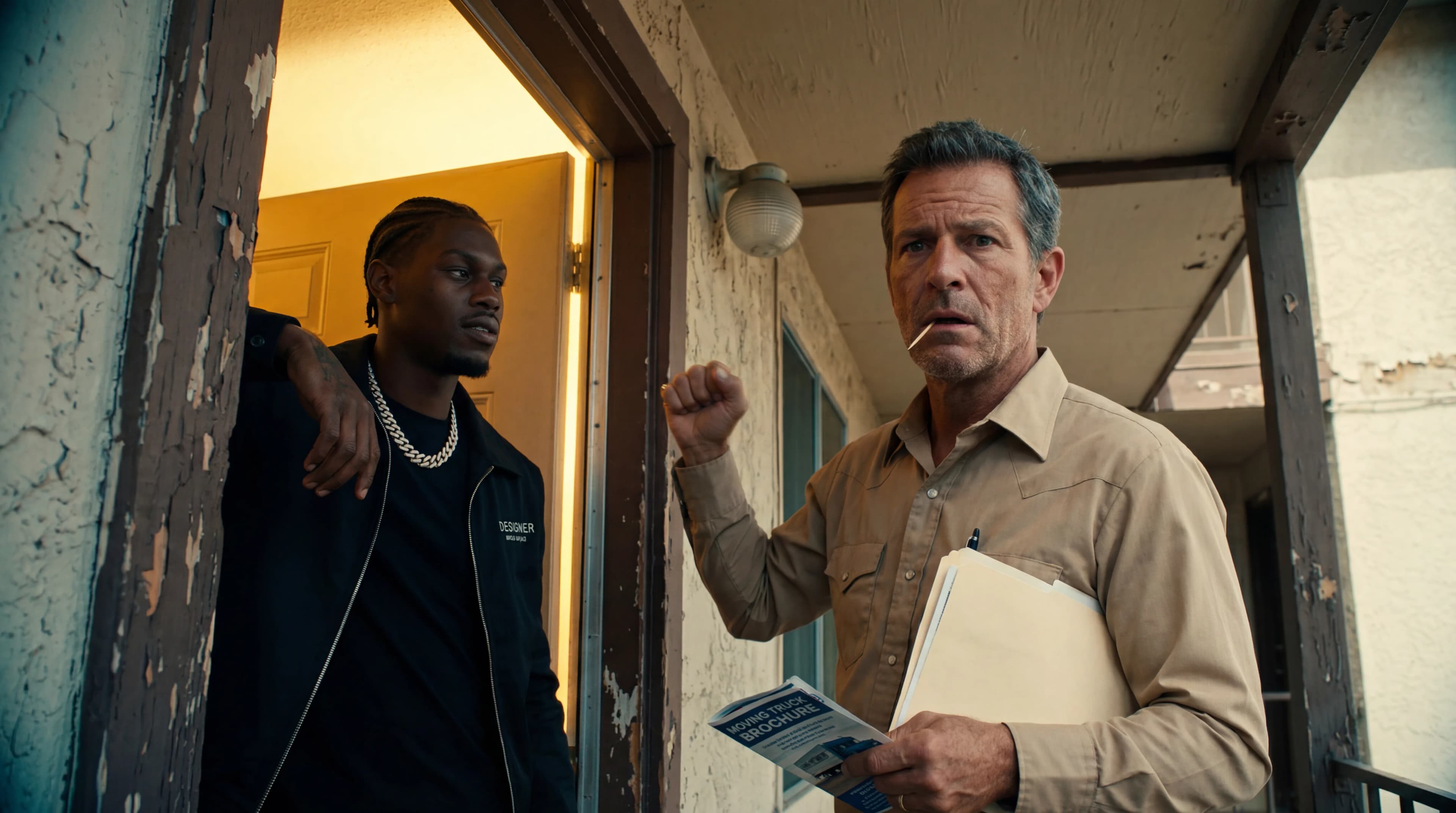 Two individuals stand on a balcony, one holding papers and the other leaning casually against the door frame.