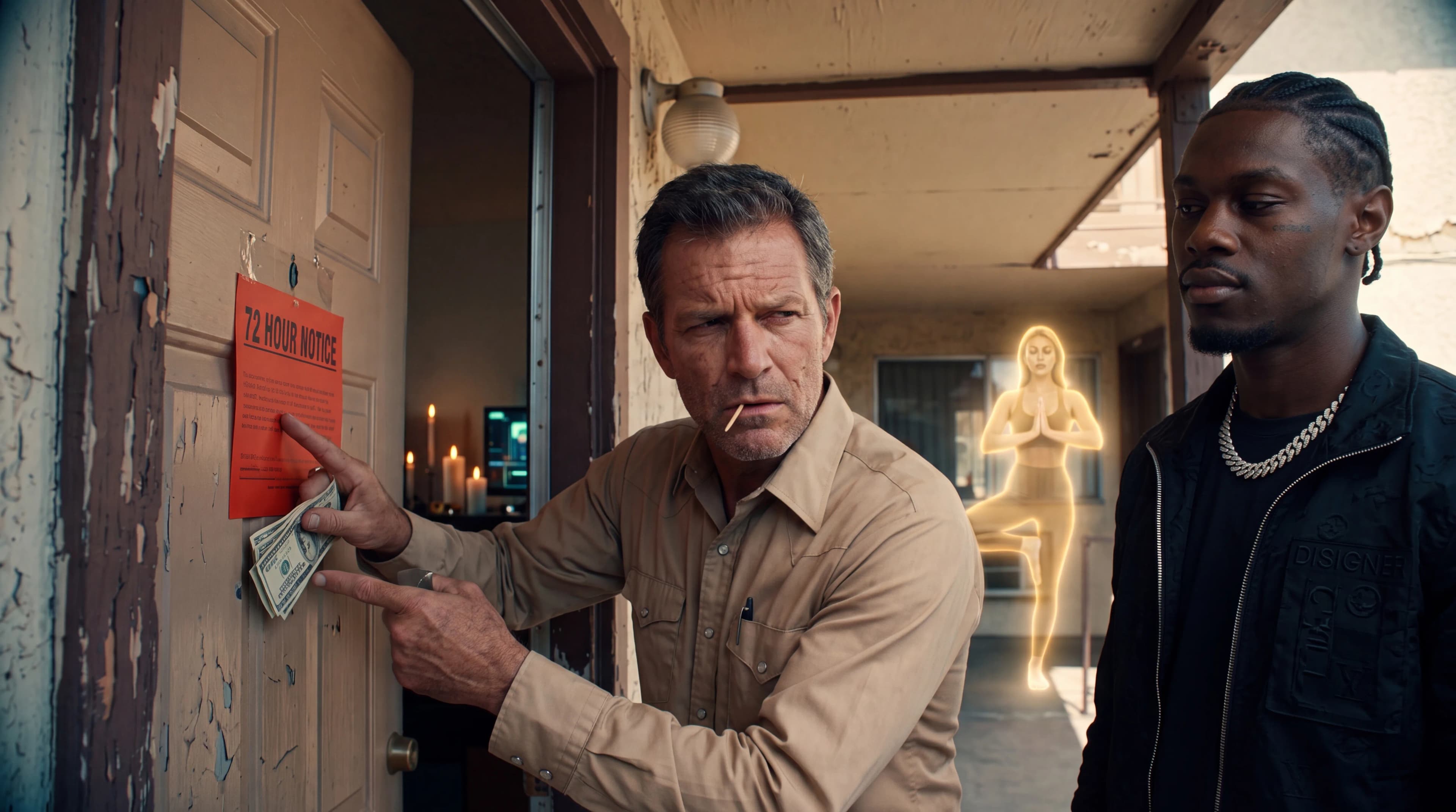 A man with a cigarette and money points at a door with a notice while another person stands nearby.