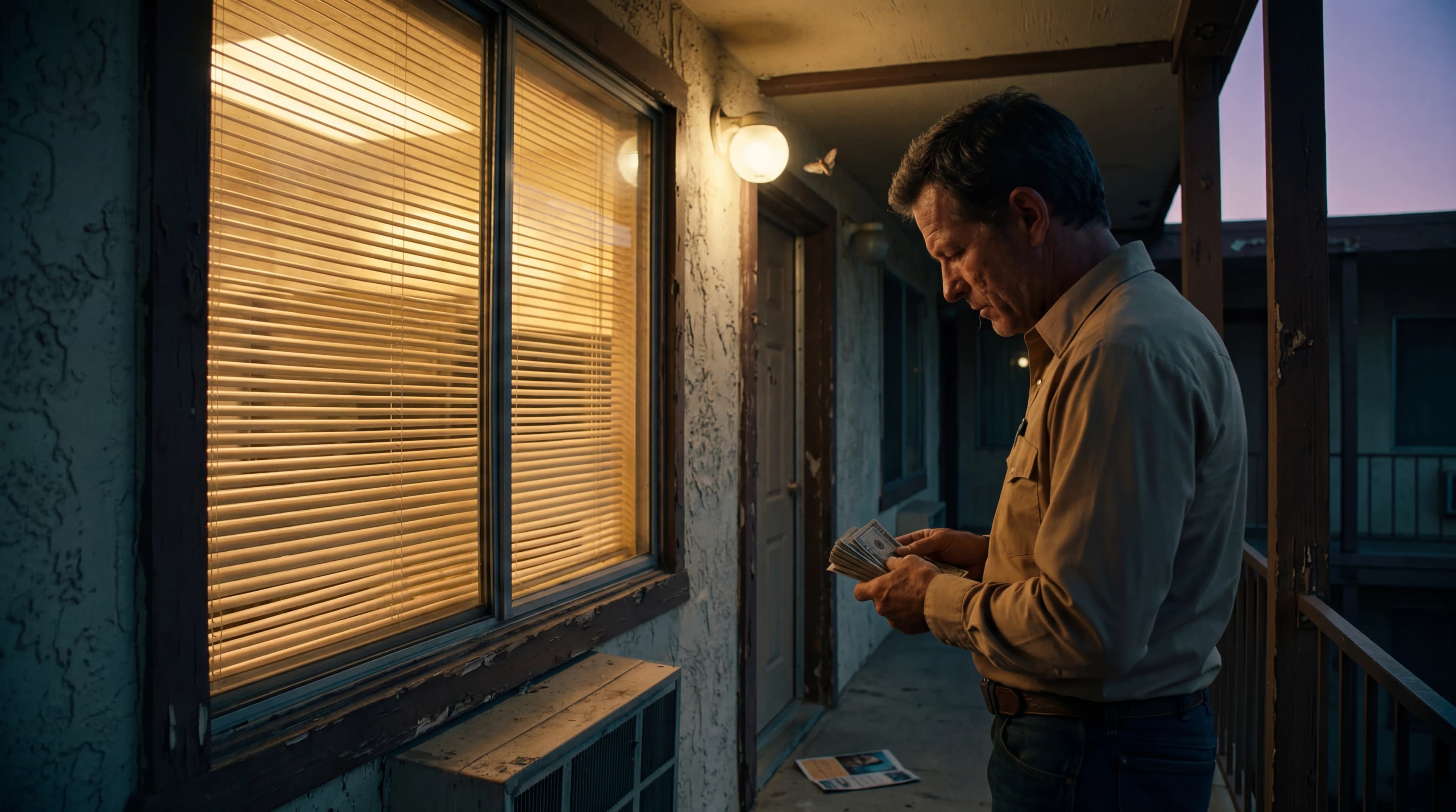 A man stands on a balcony counting money during twilight.