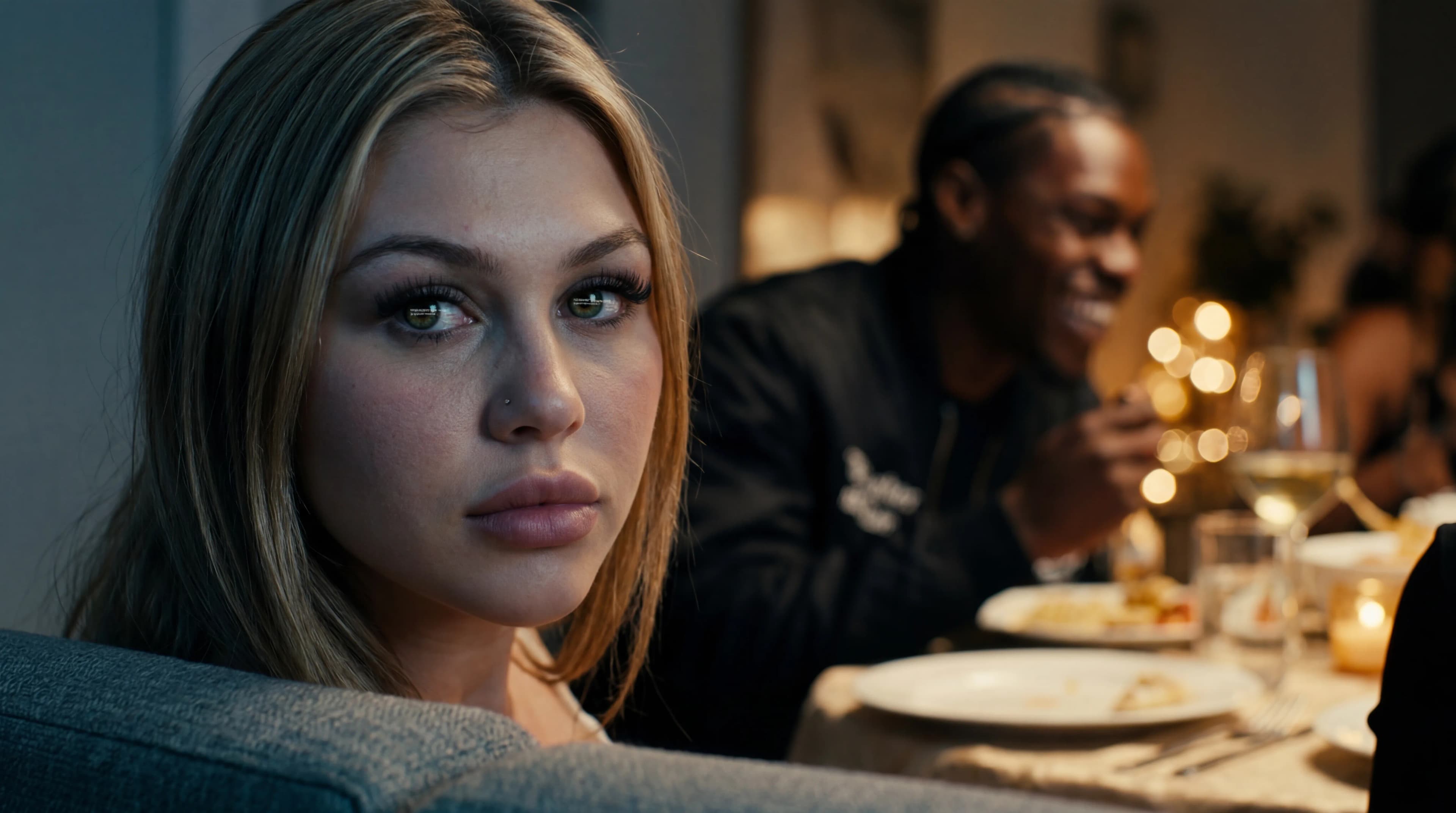 A woman with blonde hair and a casual outfit is in a kitchen setting, appearing soft and romantic.