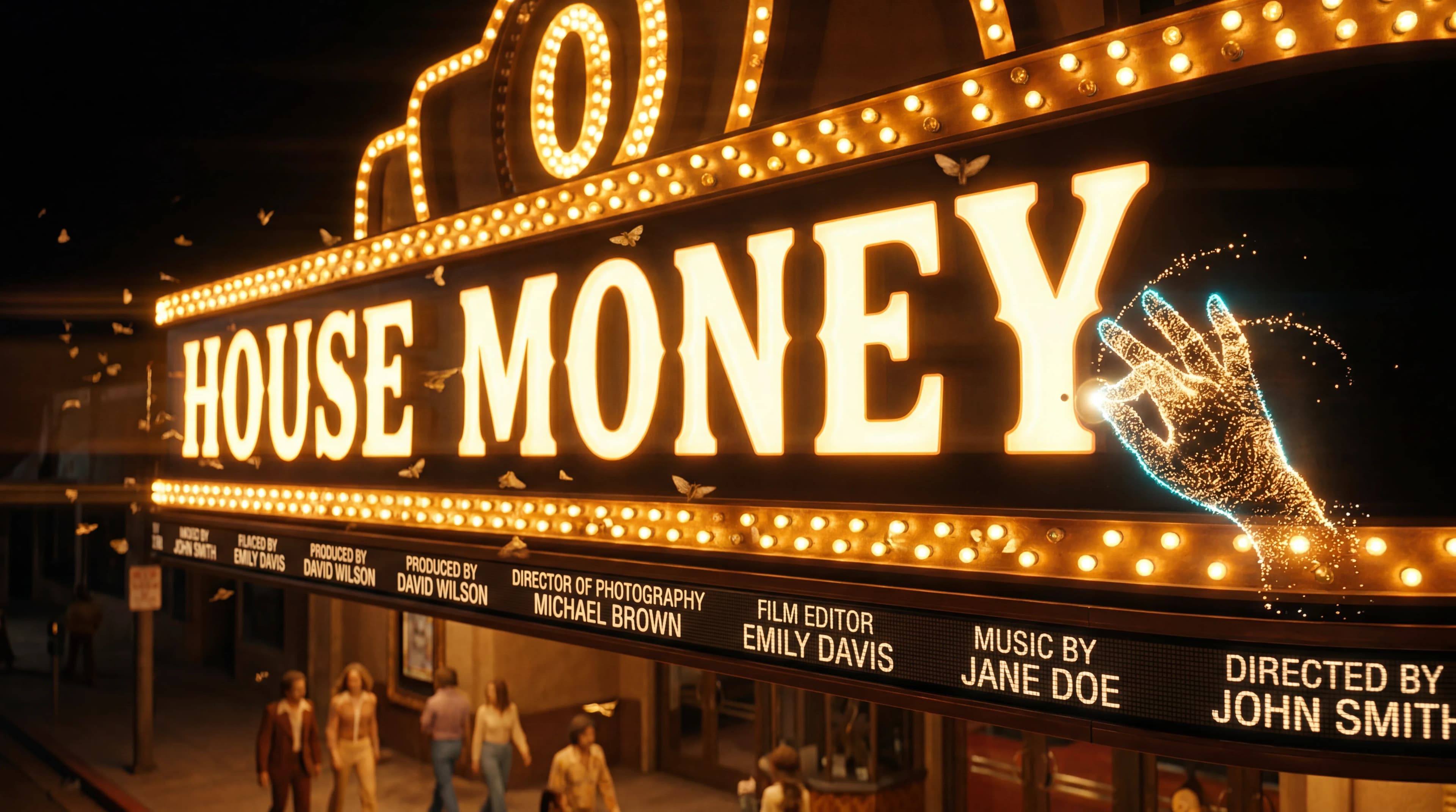 A brightly lit theater marquee with the title 'House Money' and a glowing hand illustration.