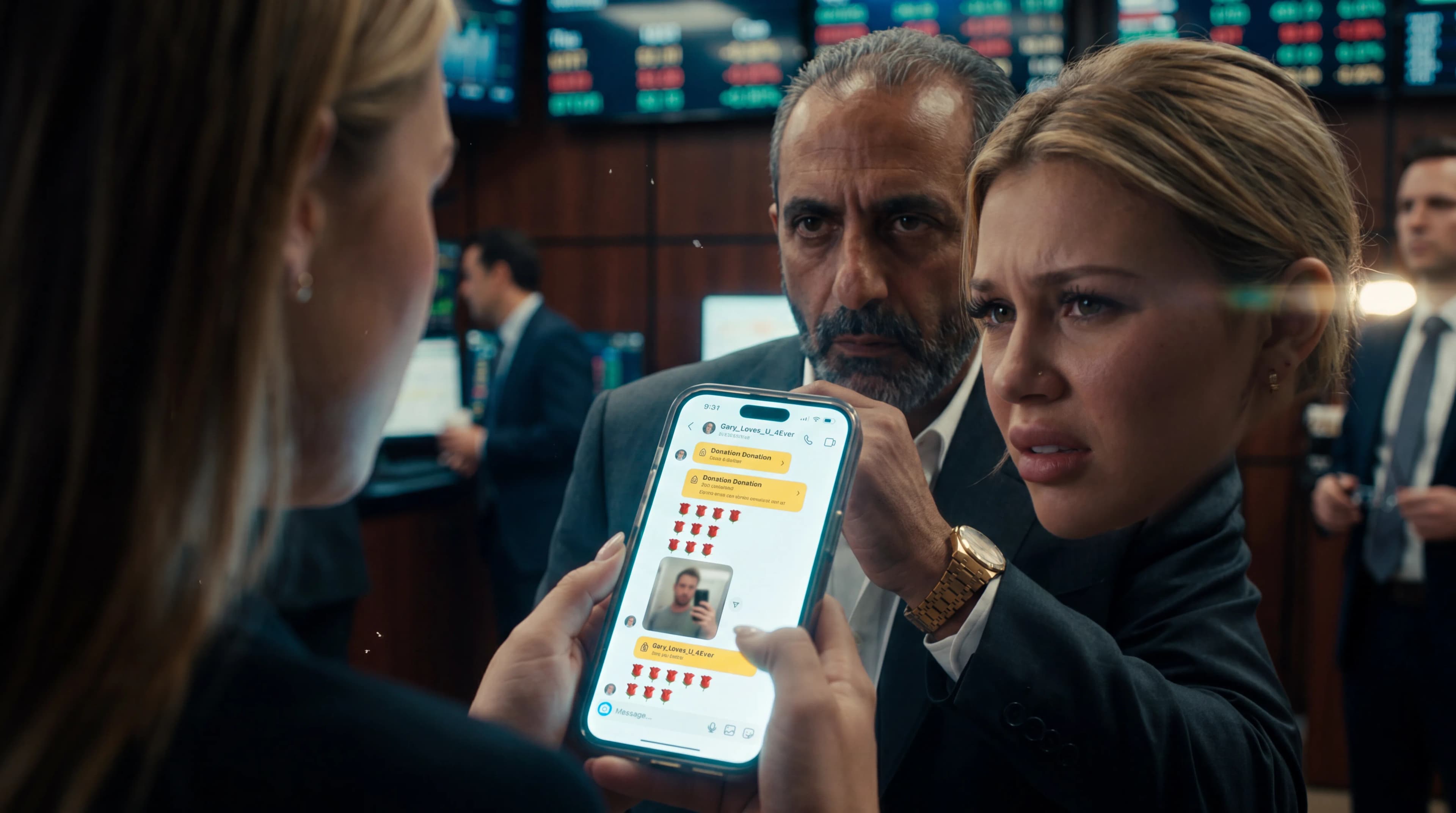 A woman in a formal setting is holding a phone with an intimate message displayed, while another person looks on.