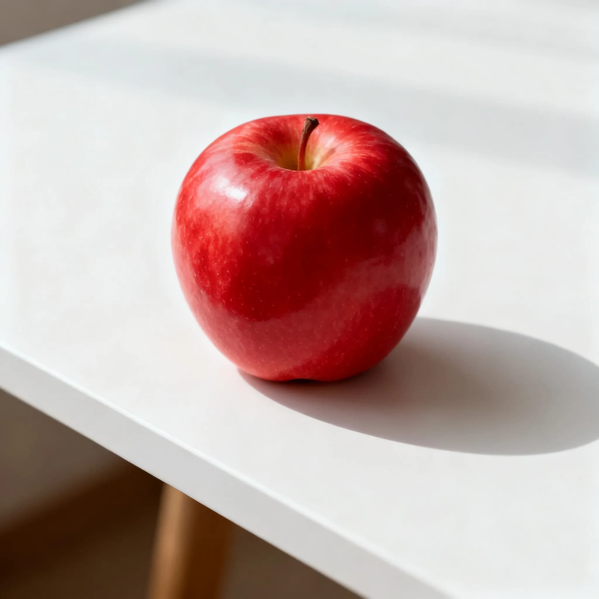 A single red apple is placed on a white surface with soft lighting.