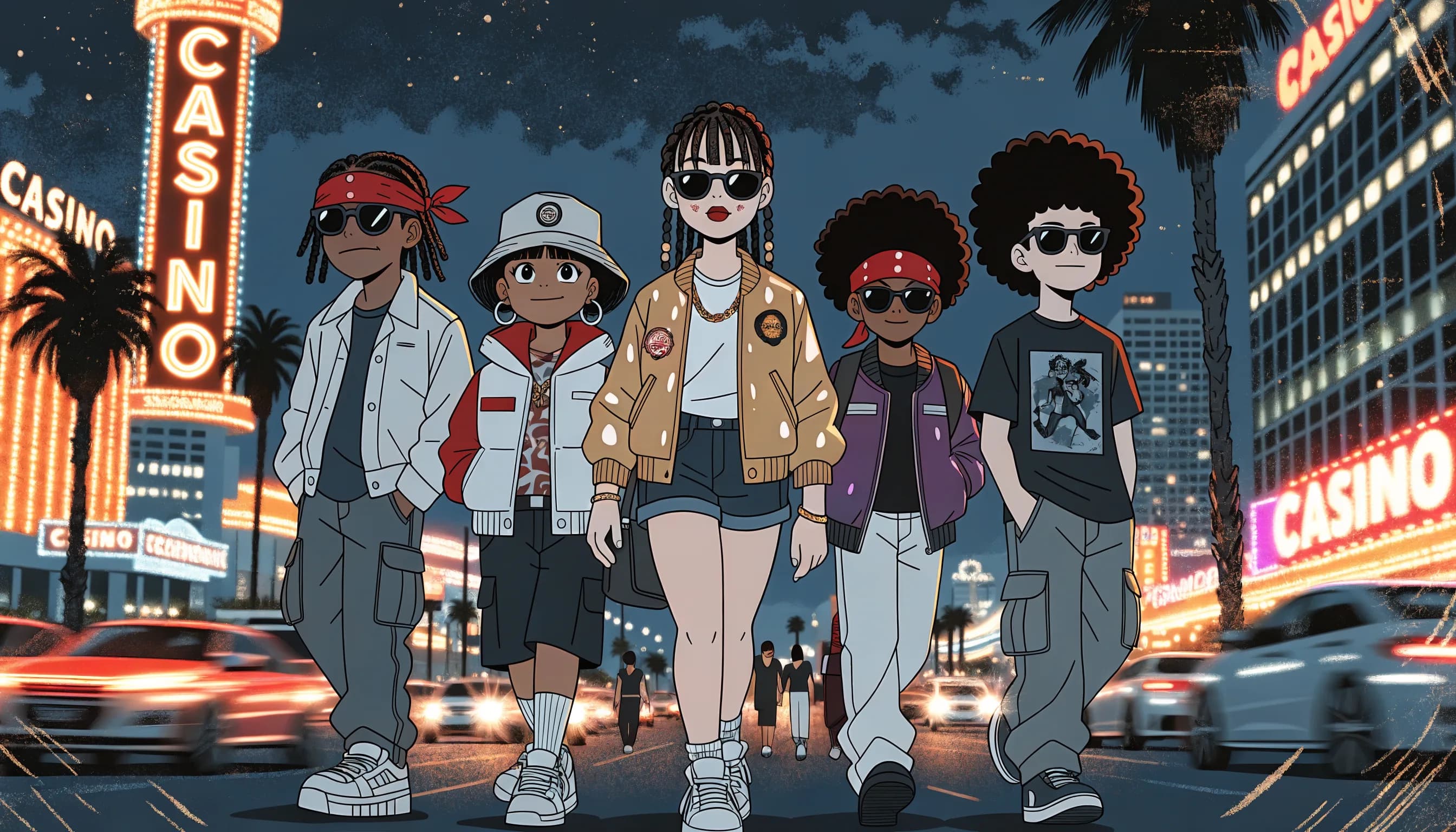 A group of stylish individuals stands confidently on a bustling city street at night, illuminated by vibrant casino signs.