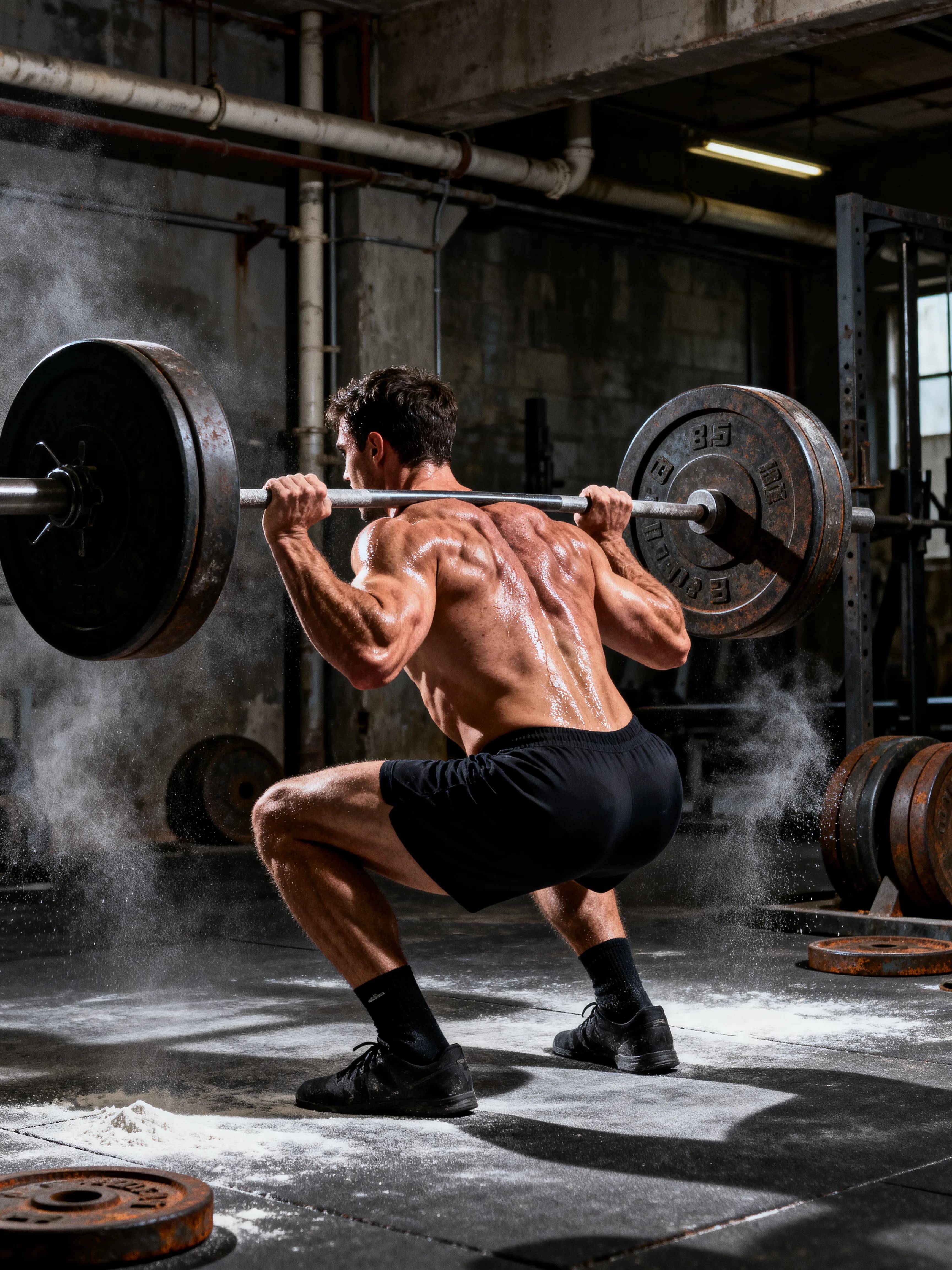 A muscular individual is performing a squat with weights in an industrial gym setting.