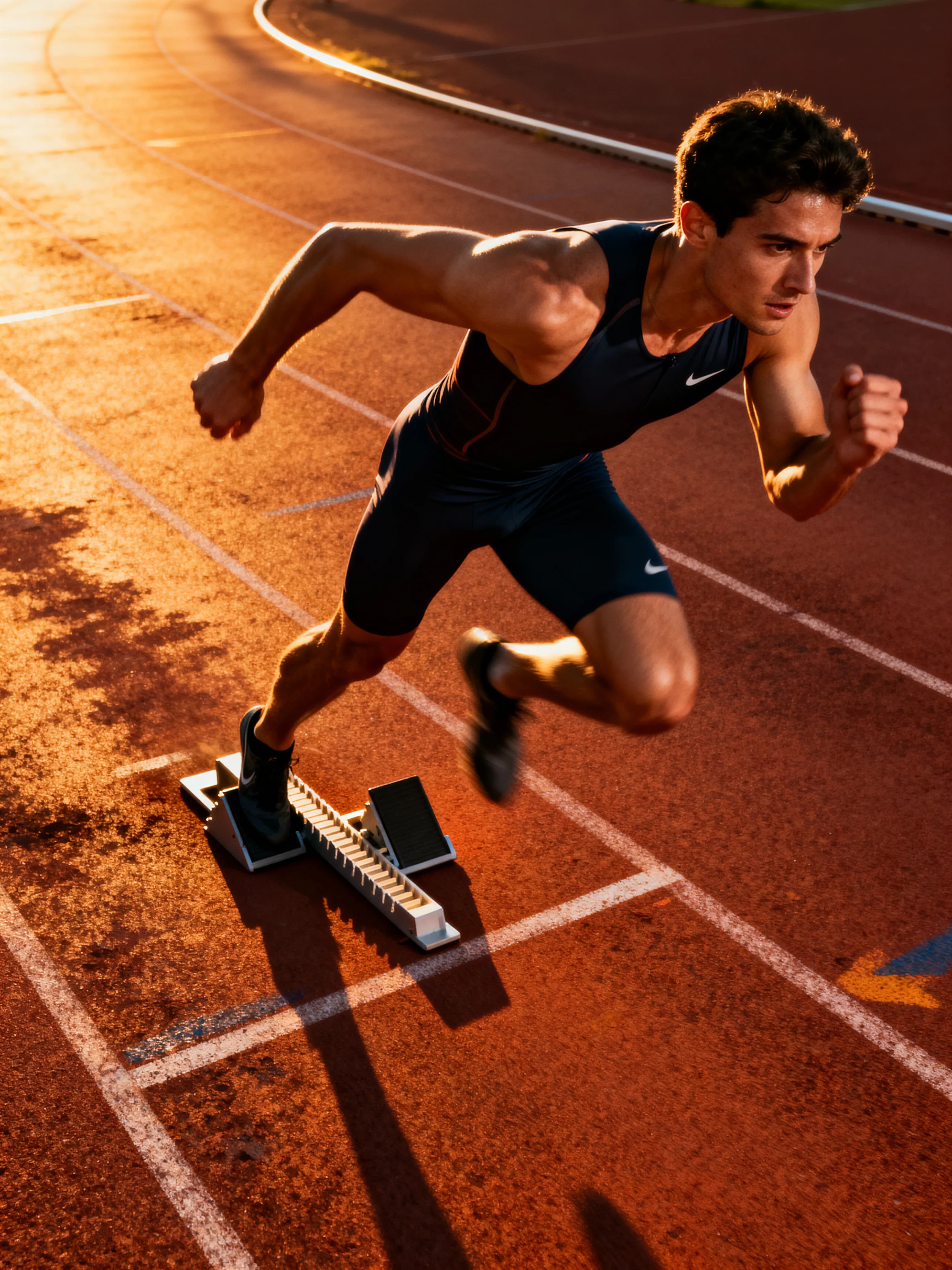 A woman in athletic wear is sprinting on a track during sunset.