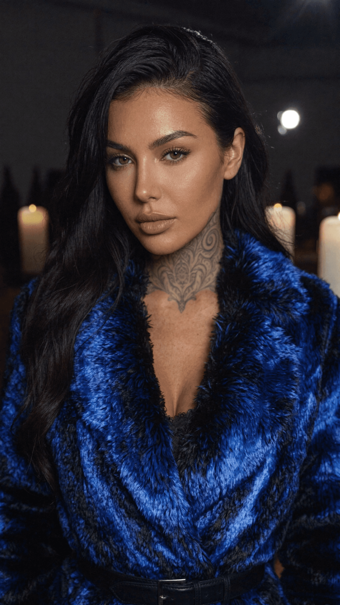 A woman with a blue fur robe poses confidently in a studio setting, exuding a sultry and fierce demeanor.