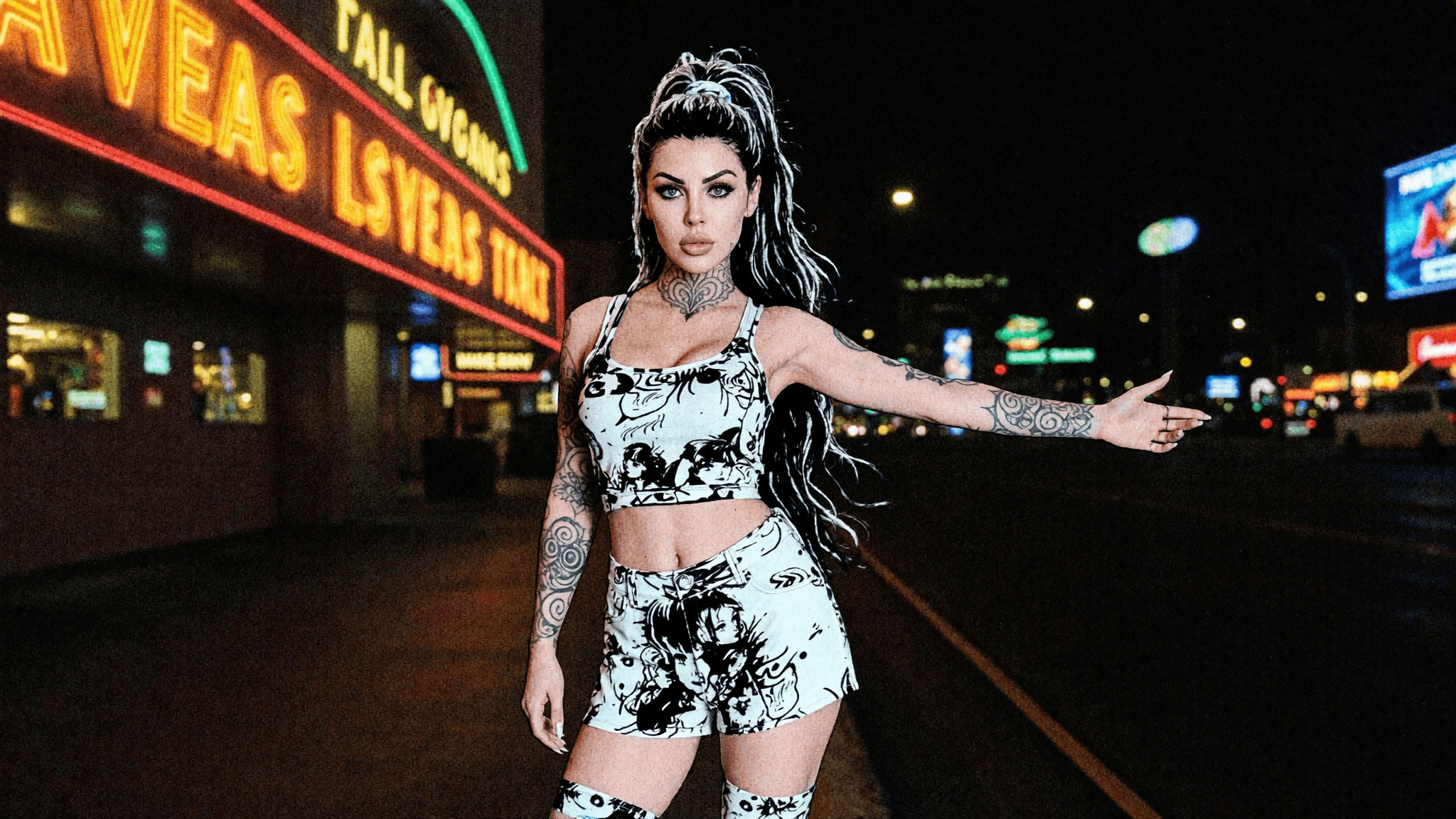 A woman in a dress stands outdoors, exuding confidence and allure.