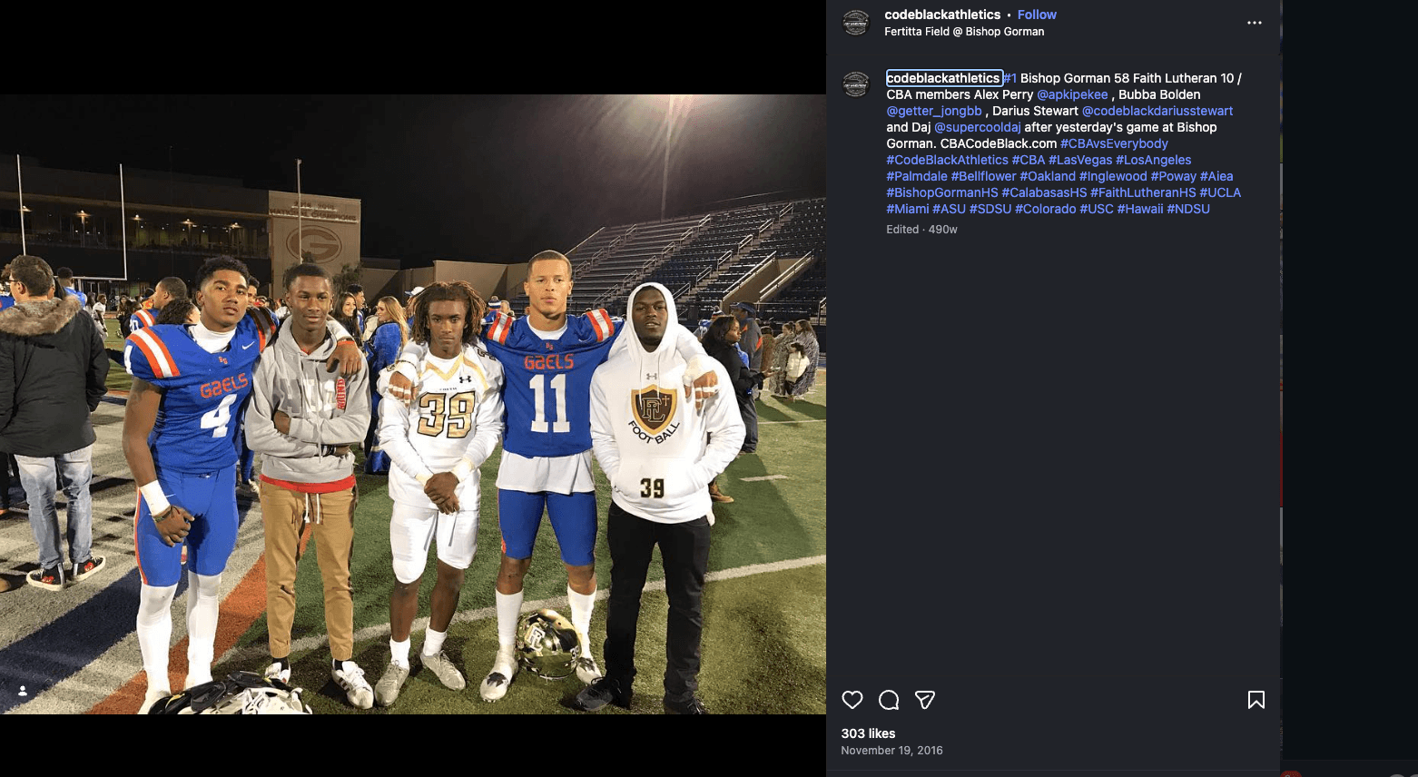 Fertitta Field, Bishop Gorman — from @codeblackathletics after the Gaels' 58–10 win (Nov 2016). On the field: Alex Perry, Bubba Bolden, Darius Stewart, and Daj.