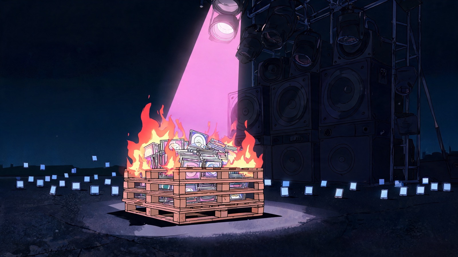 From a worm’s-eye angle beside a silent tour bus, one knee-high pallet of jewel cases burns under a hard pink spotlight. Unplugged stage lights and dark speaker stacks loom behind