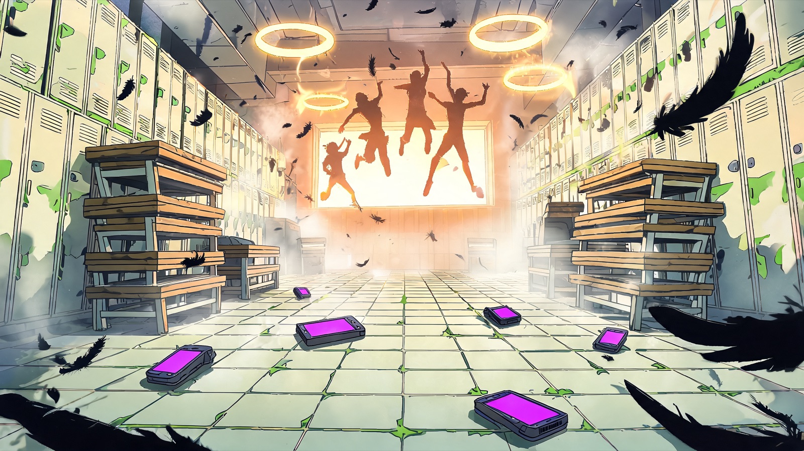 A low-angle cartoon locker room split open like a livestream stage: empty benches stacked as speakers, ring lights flaring gold through steam, phone screens blooming violet across