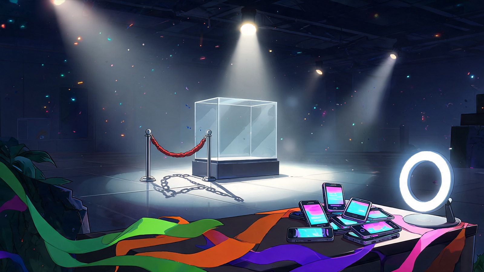 A low-angle cartoon view through haze: an empty glass museum case under a single hard spotlight, velvet rope drooping, a chain-shaped shadow on polished floor and no figure inside.