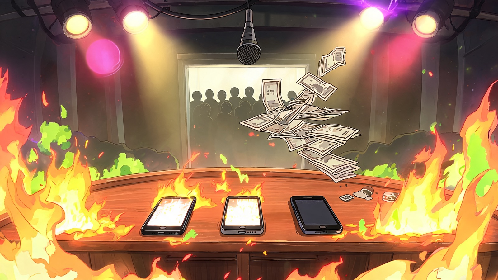 Low and wide, an empty streamer desk burns under gold and magenta stage lights. Three phone screens blaze like tiny stages, one flickering dark. A loose stack of bills lifts off th