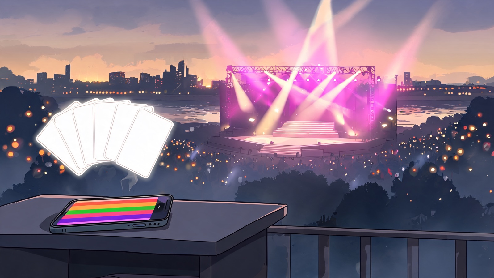From a low side angle, a cartoon streamer desk faces an empty concert stage washed in magenta and gold beams through haze. A fan of blank glowing cards hovers above a phone whose s