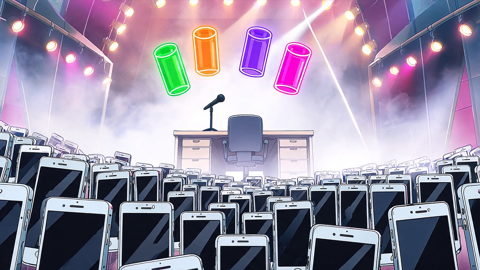 From a low worm’s-eye angle, four unlabeled neon cylinders hover in a tight square over an empty streamer desk, rimmed by magenta and gold stage lights. A tide of blank phone scree