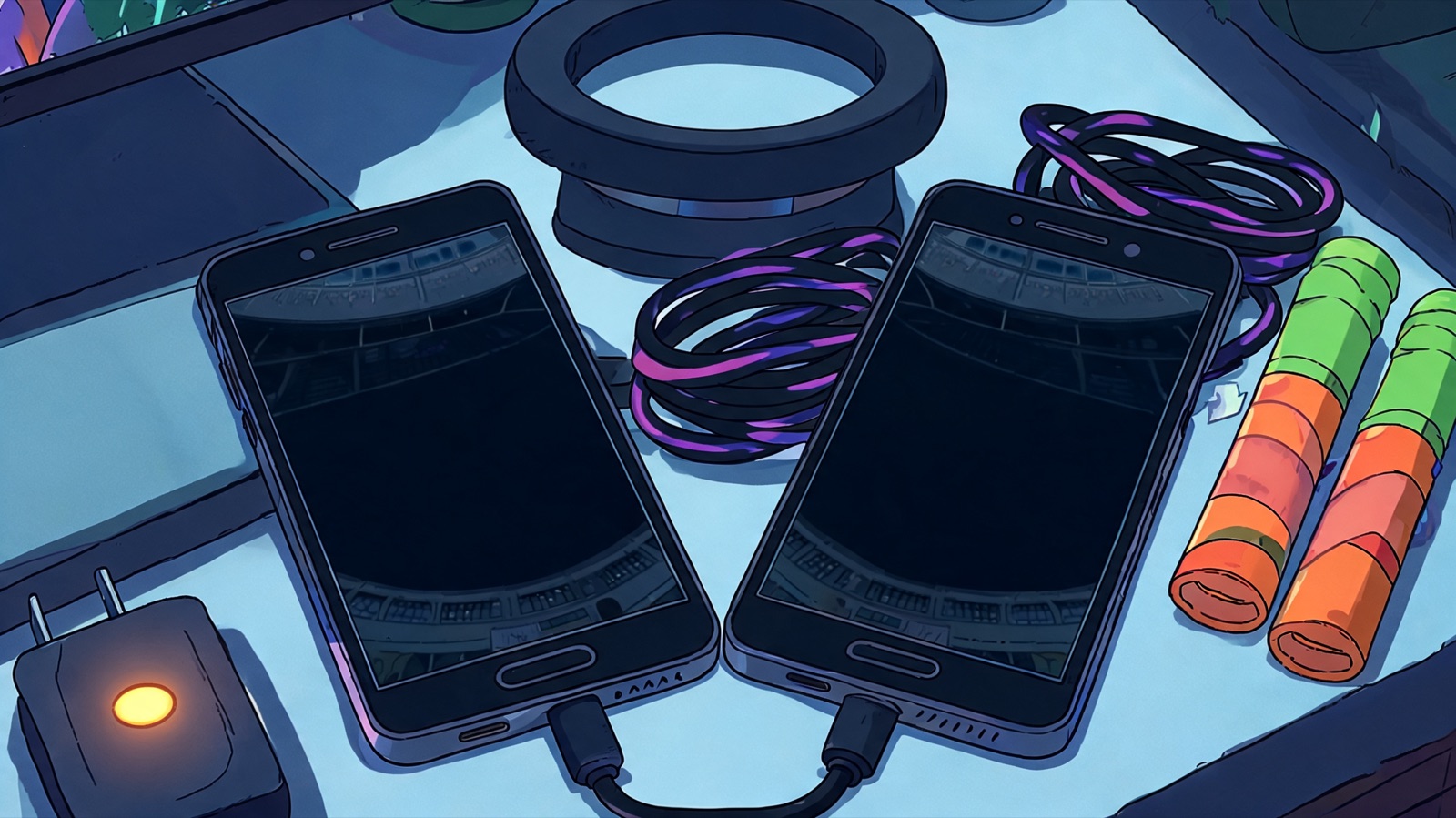From a tight overhead angle, a cartoon streamer desk sits abandoned: two blacked-out phone screens face each other like closed gates, their glass faintly mirroring distant unlit st