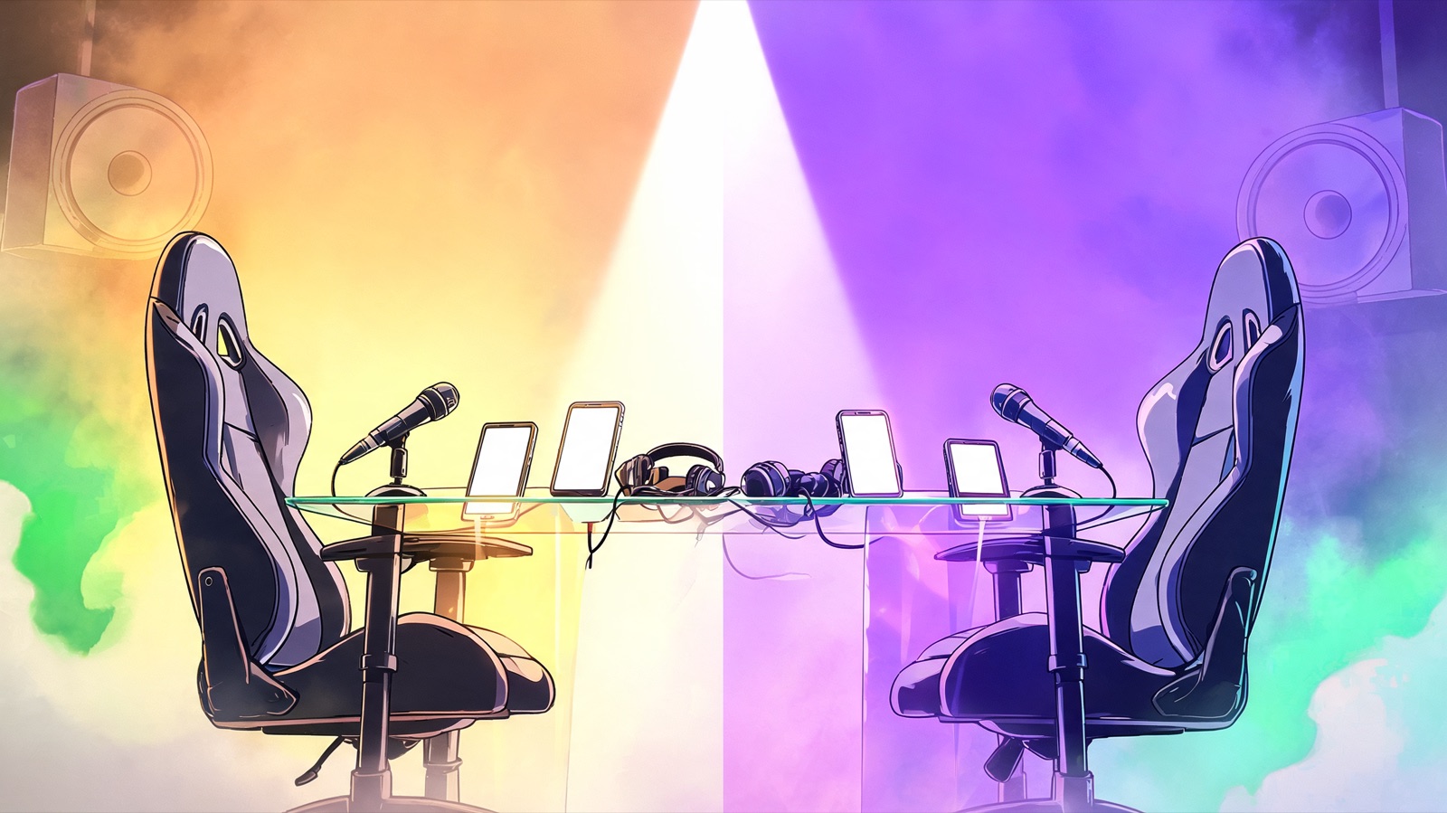 From a low worm’s-eye angle, an empty cartoon streamer stage splits down the middle in gold and electric-violet light. Two vacant gaming chairs lean toward each other over a glass