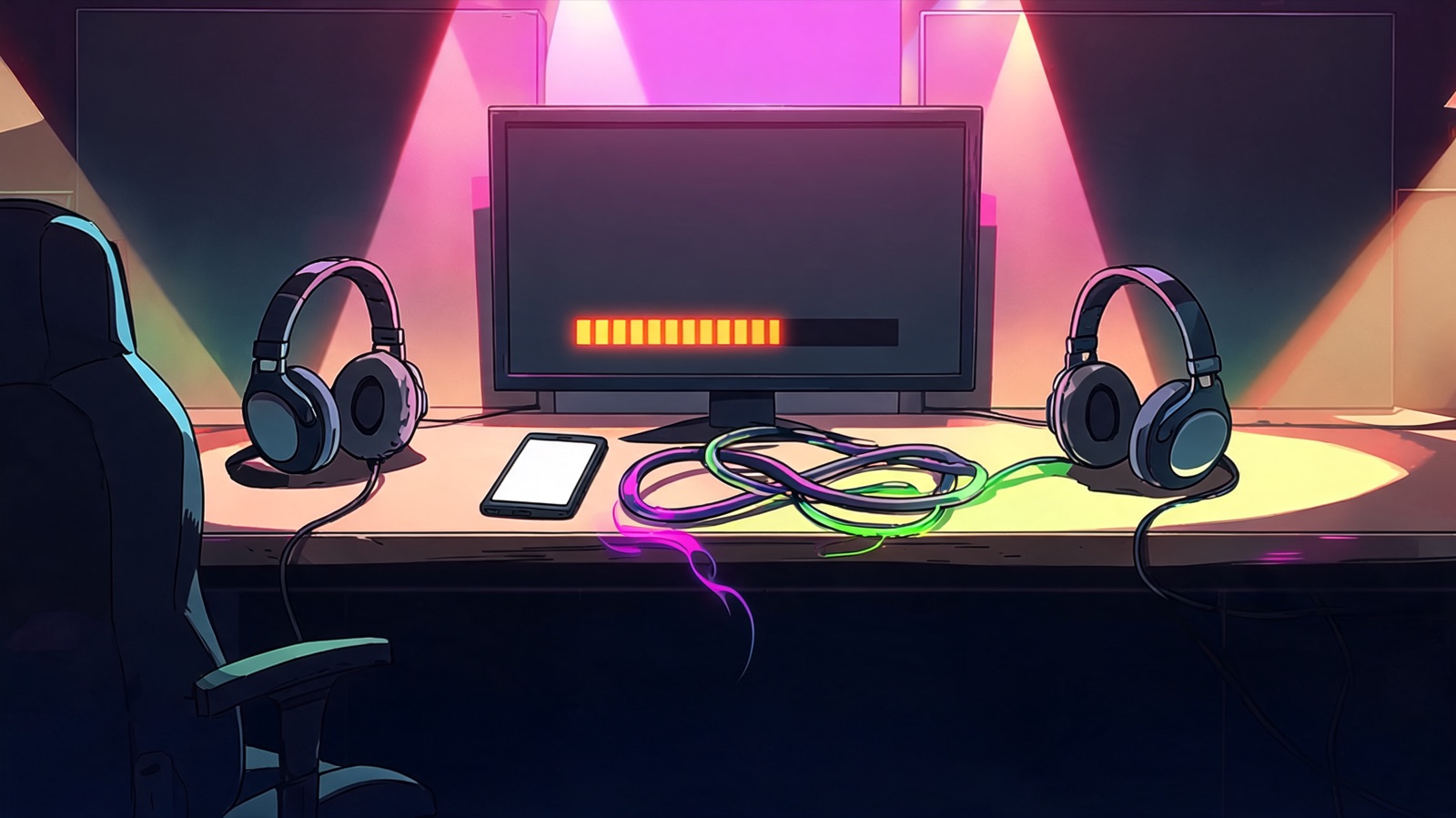 Low-angle cartoon view of an empty streamer desk under hot magenta and gold stage lights: two headsets face each other across a glowing phone and a blank monitor, a dark gap in the
