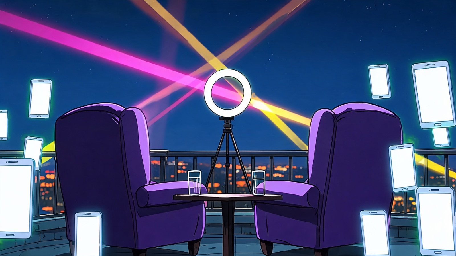A low-angle cartoon shot of an empty rooftop lounge at night: two velvet chairs face each other under crossed magenta and gold stage lights, a ring light and tripod camera between