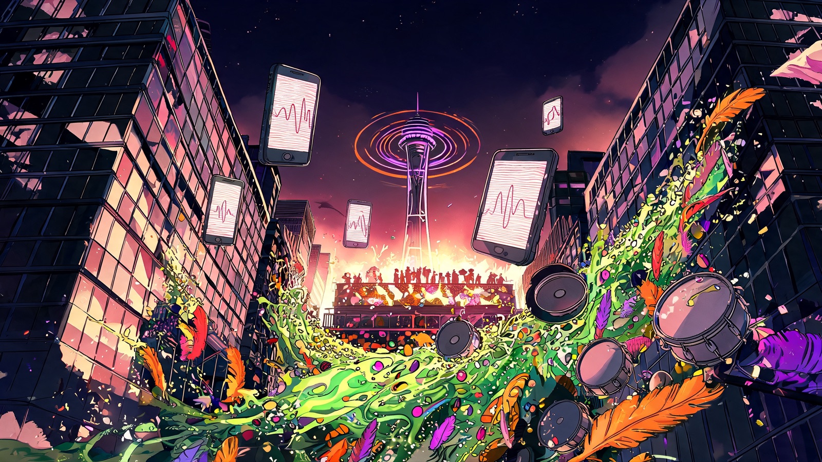 A low-angle cartoon night street: glass towers lean inward under magenta and gold stage light as a carnival current of feathers, sequins, and silent steel drums surges between them