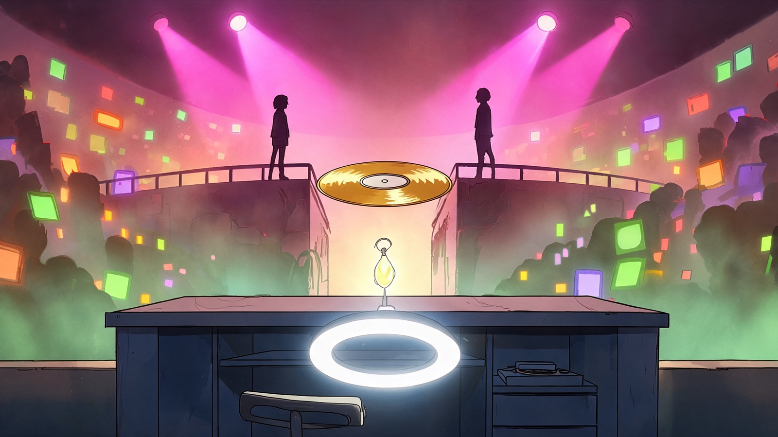 From a low crowd angle, a cartoon arena splits under twin magenta spotlights. Two distant backlit silhouettes stand opposite across a floating gold record that bridges the dark lik