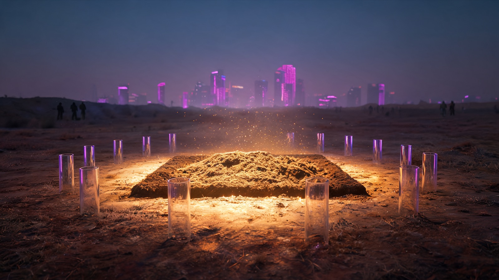 From ground level at a cleared desert lot, a hard pool of work-lamp gold falls on a precise square of turned earth. Empty glass cylinders ring the cut, catching violet spill from f