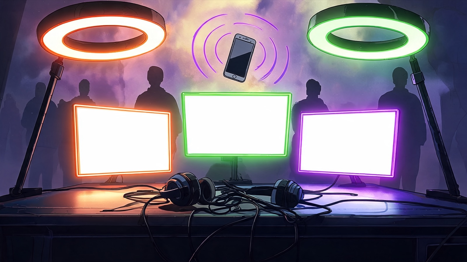 Low angle on an empty neon streaming desk: twin ring lights bloom like stage spots, a phone floats midair with one pulsing call ripple, and three blank screens hover in a triangle,
