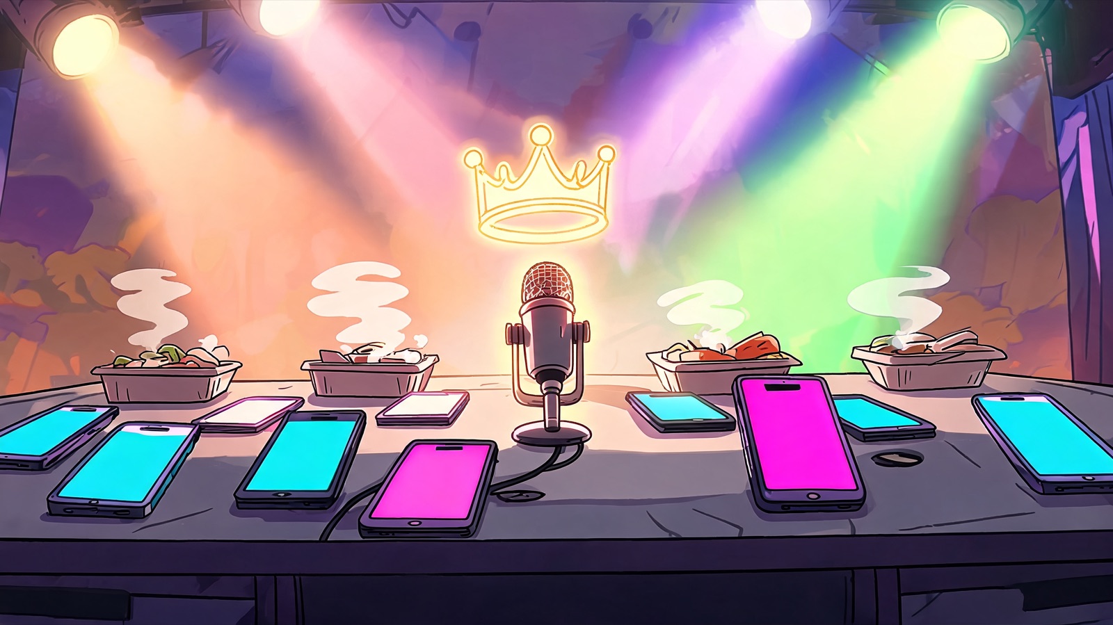 Low-angle cartoon view of an empty streamer desk under hot stage beams: a gold crown of light hovers above a glowing mic, steaming takeout trays lined like trophies, phone screens