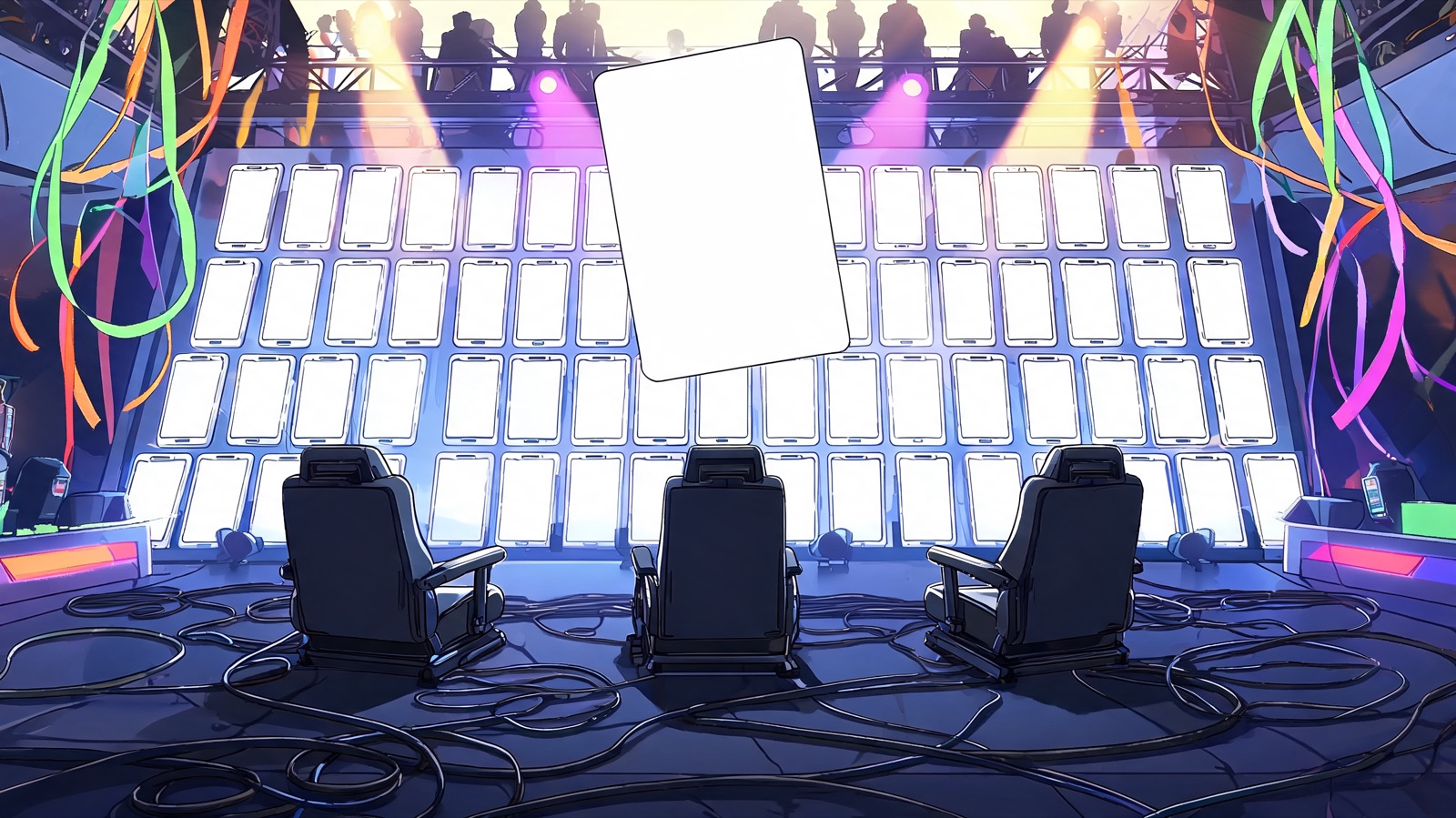 A low-angle cartoon shot of an empty neon streamer stage: three vacant gaming chairs face a wall of glowing phone screens, while one oversized blank playing card hovers under purpl