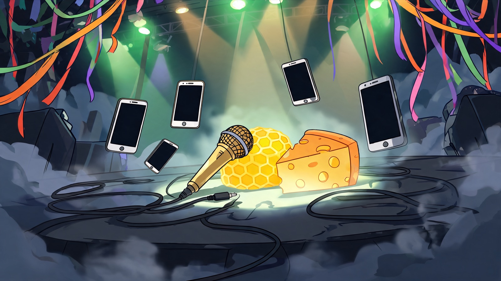 A low worm’s-eye cartoon shot of an empty stage: a gold microphone lies unplugged beside a glowing honeycomb and a bright cheese wedge used as a ring light. Blank phone screens orb