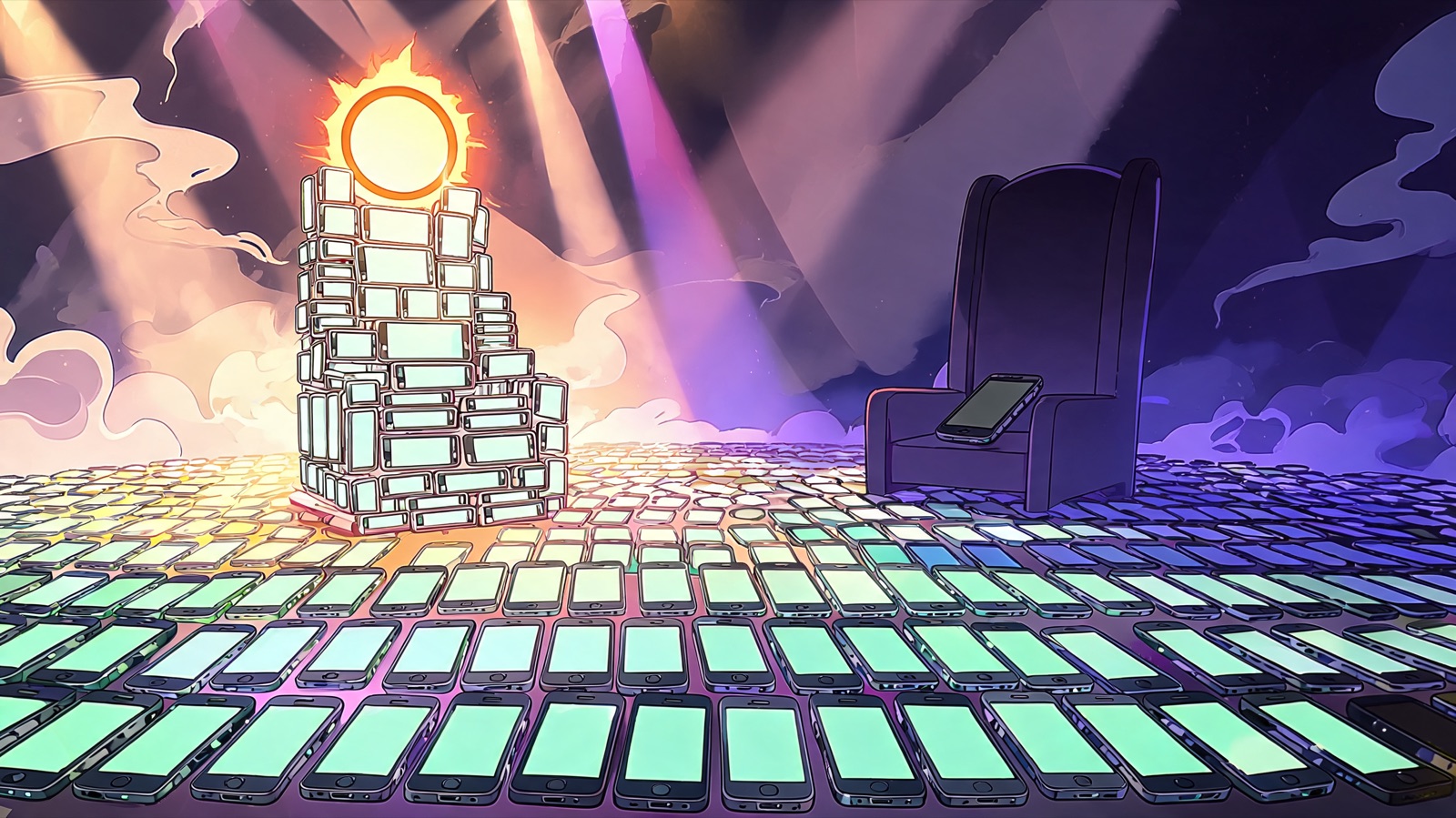 Low-angle cartoon view of an empty debate stage under blistering gold and violet spotlights. Two streamer chairs face off across a floor of glowing phone screens: one a throne of s