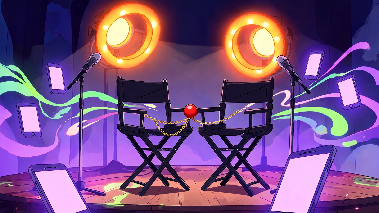 Low-angle cartoon shot of an empty midnight livestream stage: twin ring lights blaze like rival suns over two vacant director chairs, a single red clown nose resting on a gold chai